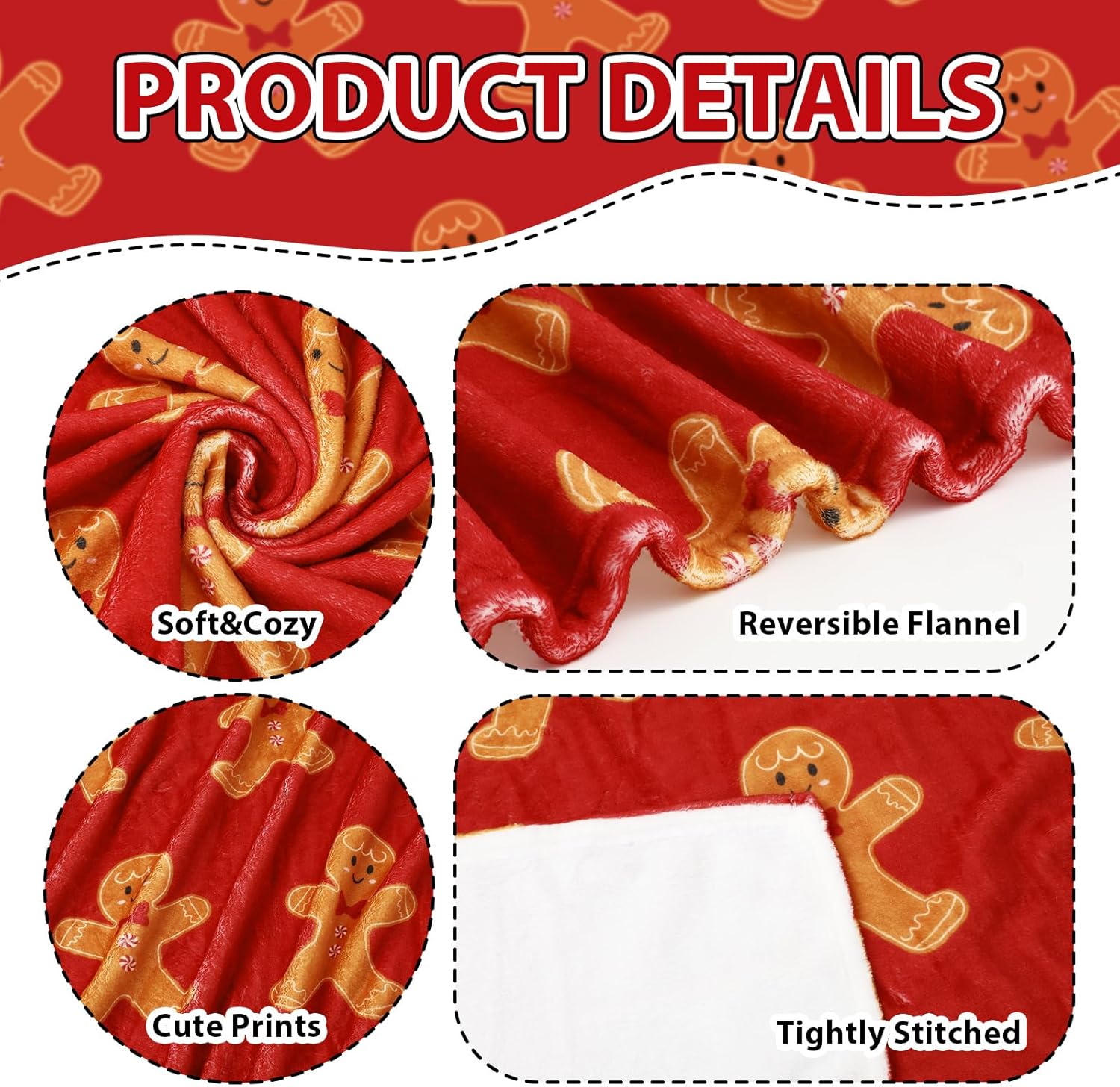 JarThenaAMCS Christmas Blanket Red Brown Gingerbread Man Throw Blanket Soft Plush Blanket for Xmas Winter Home Bed Sofa Couch Chair, 50 x 60 Inch - Image 3