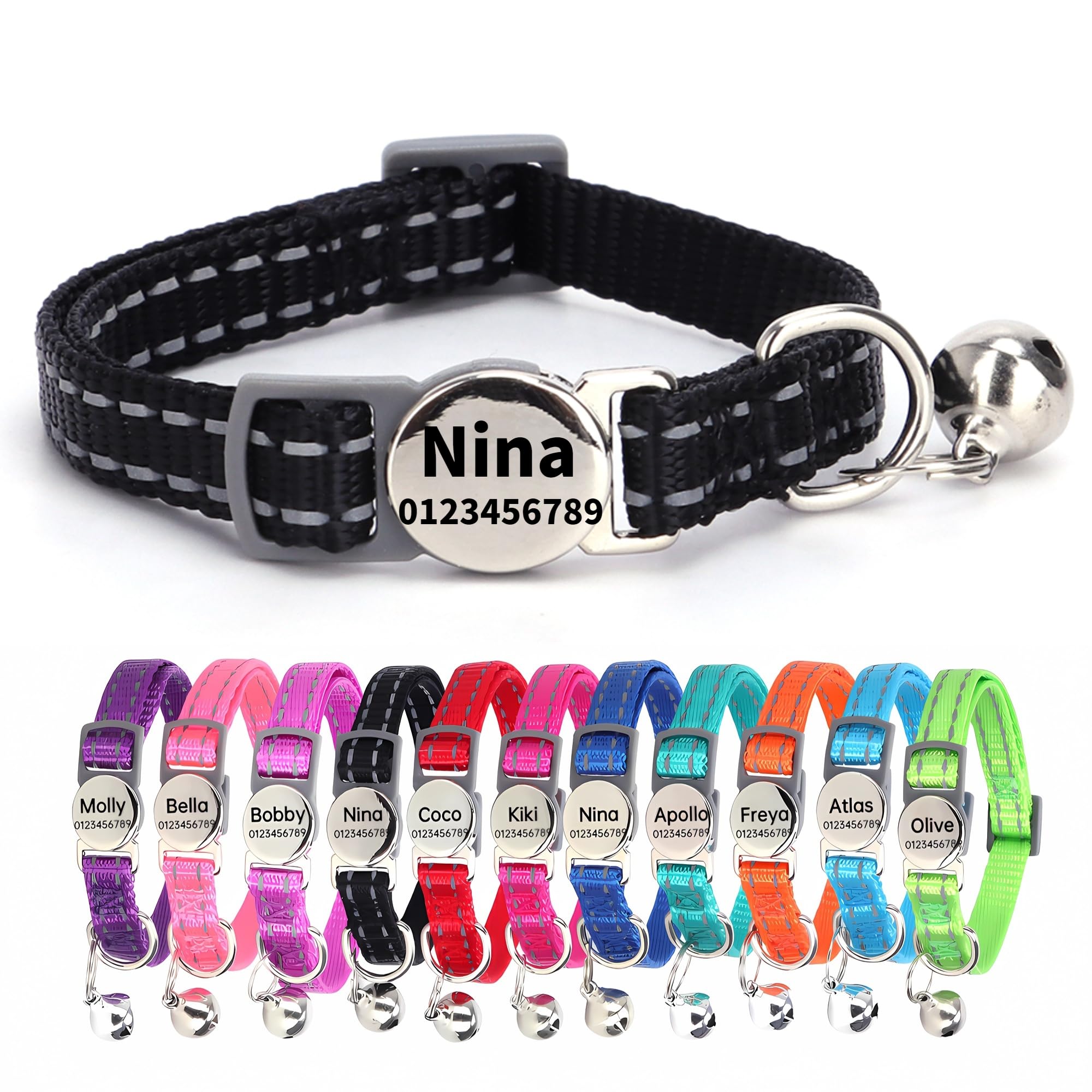 SEOUGEE Collar de gato con etiqueta de nombre personalizada, collares reflectantes para gatos con campanas y hebilla de liberación rápida de seguridad, placa de identificación antipérdida para gatos