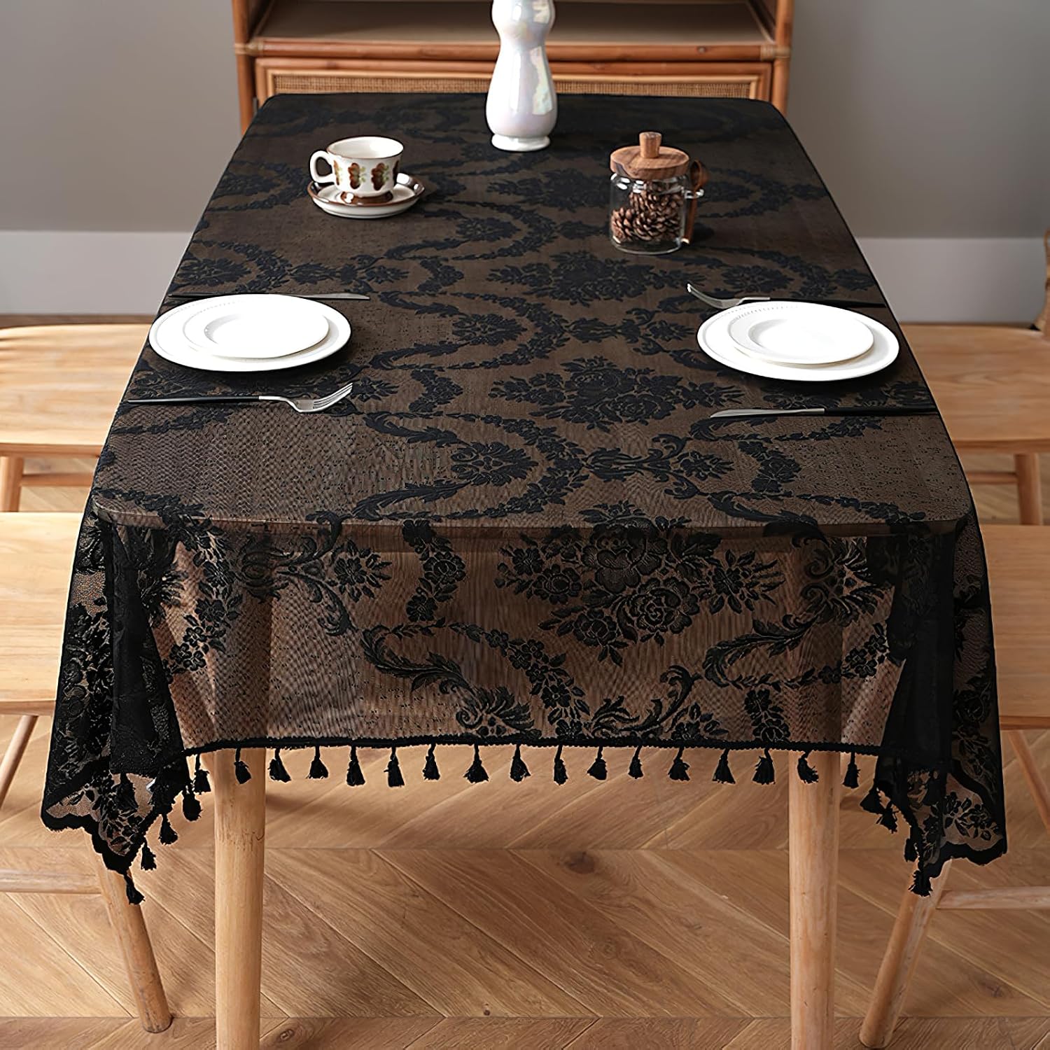French Lace Tablecloth Square Black Flower Embroidered Table Linen with Tassels Rustic Overlay Table Cover for Dining Wedding Party Holiday Tabletop Decor, 55x55 inch