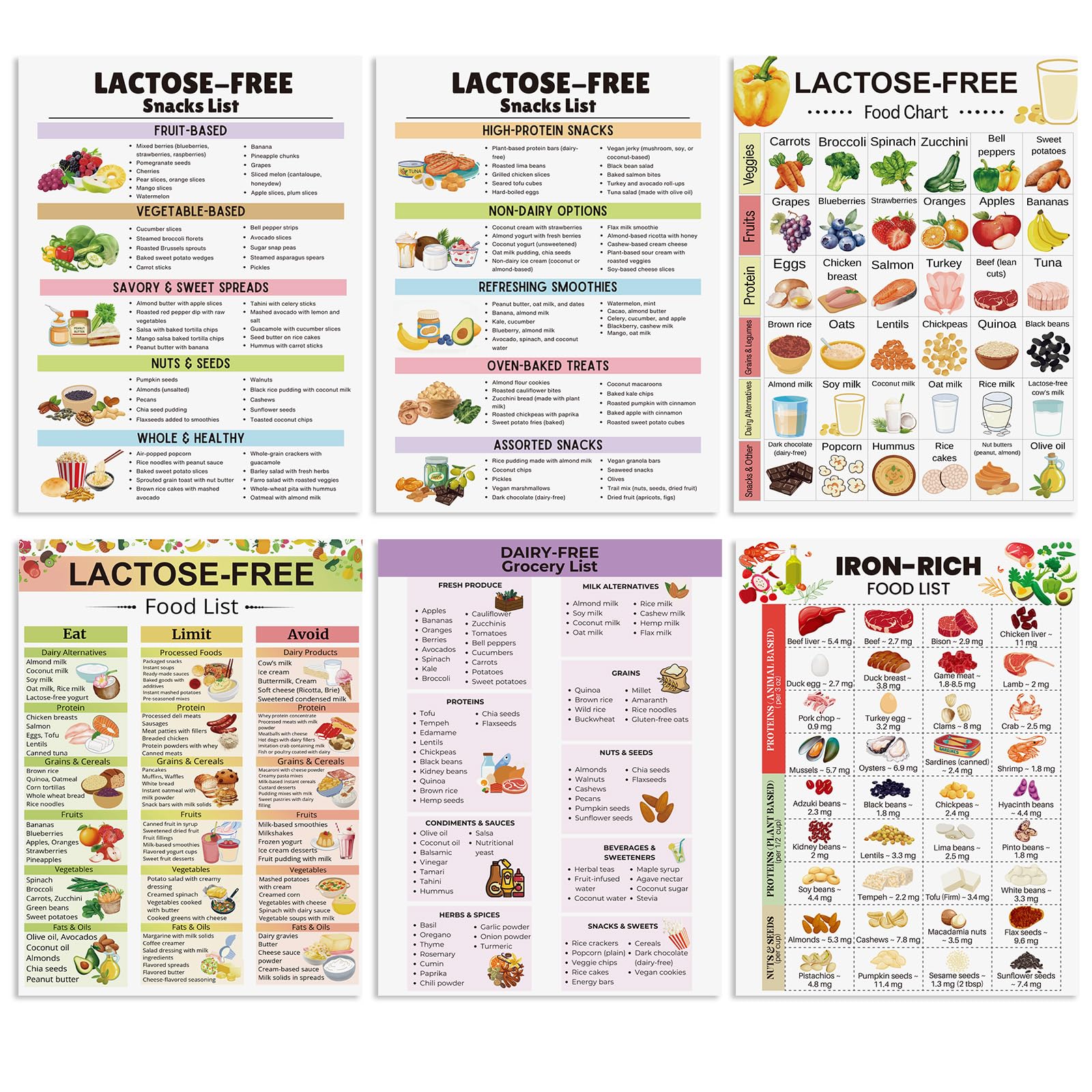 Honoson 6 Pcs Lactose Intolerance Diet List Lactose Free Snacks Food List Unframed Health Food to Eat Limit Avoid Chart Wall Art Poster for Kitchen Living Room Bedroom Decor Shopping