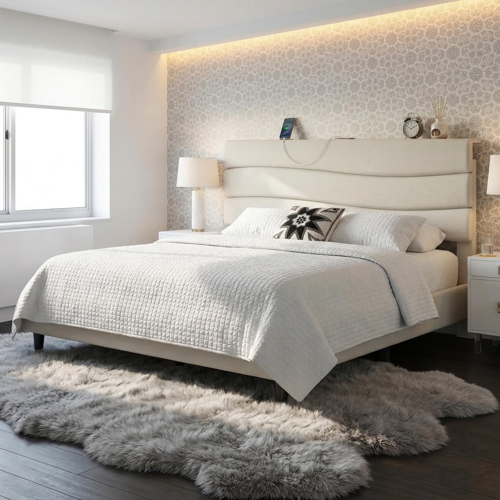 EnHomee King Bed Frame and Headboard Upholstered King Bed with Charging Stations King Size Bed Frame for Bedroom