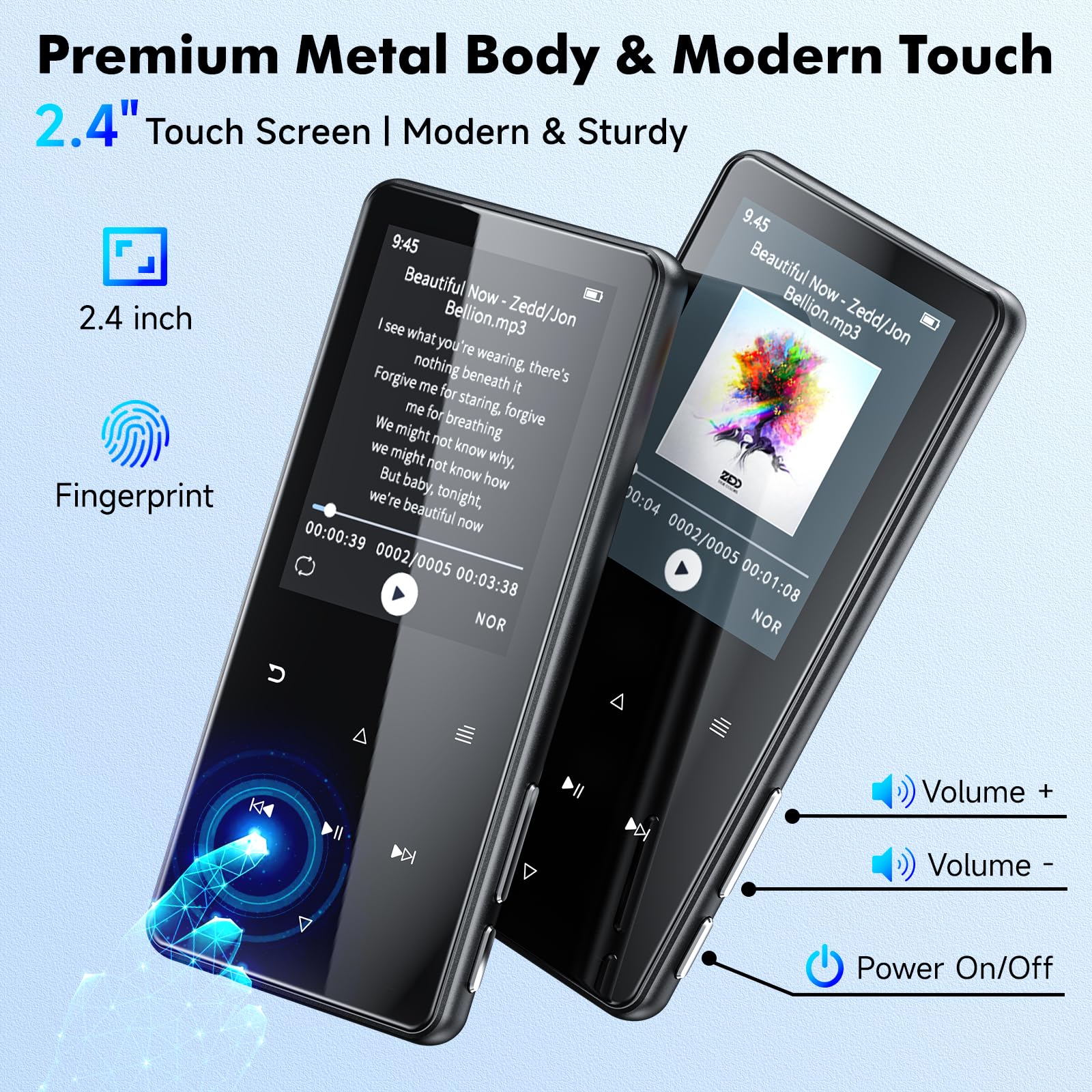 MP3 Player mit Bluetooth 5.3, 64GB und 2,4" Display – Mit Touch-Tasten, Lautsprecher, Metallgehäuse, HiFi-Klang, 18 Schlafgeräuschen, FM-Radio, E-Book-Reader – Unterstützung bis zu 128 GB.