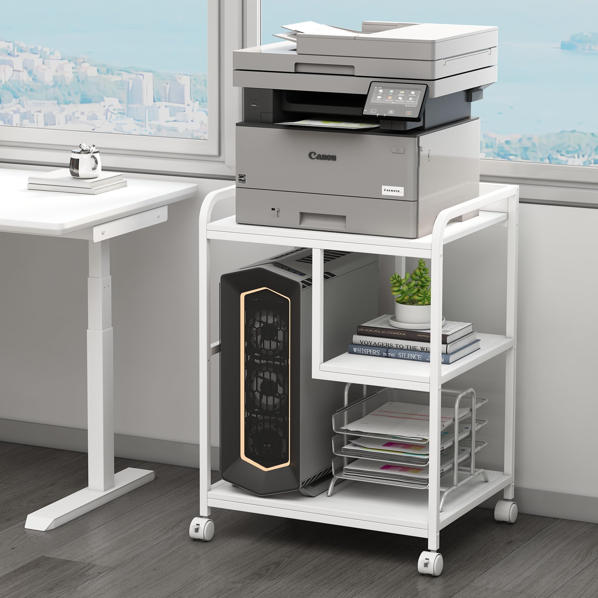 Fannova Large Printer Stand Table with Storage Shelf for Host Computer, PC Tower, CPU and Shredder, 3 Tier Rolling Printer Cart with Wheels for Home Office Storage and Organization - White