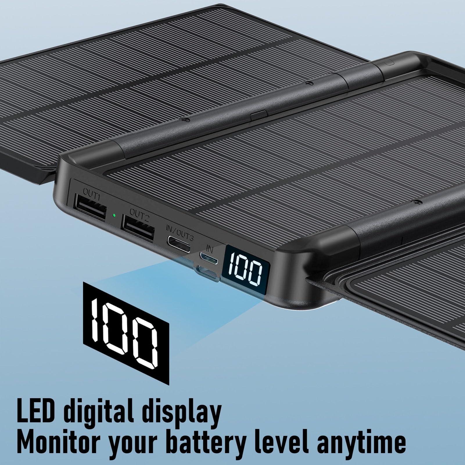 Fockety Caricabatterie Solare Power Bank, 10000mAh Solar Power Bank UPS 3 Pannelli Solari Pieghevoli Ingresso USB C Uscita PD20W Caricatore Portatile a Ricarica Rapida con Luce SOS per