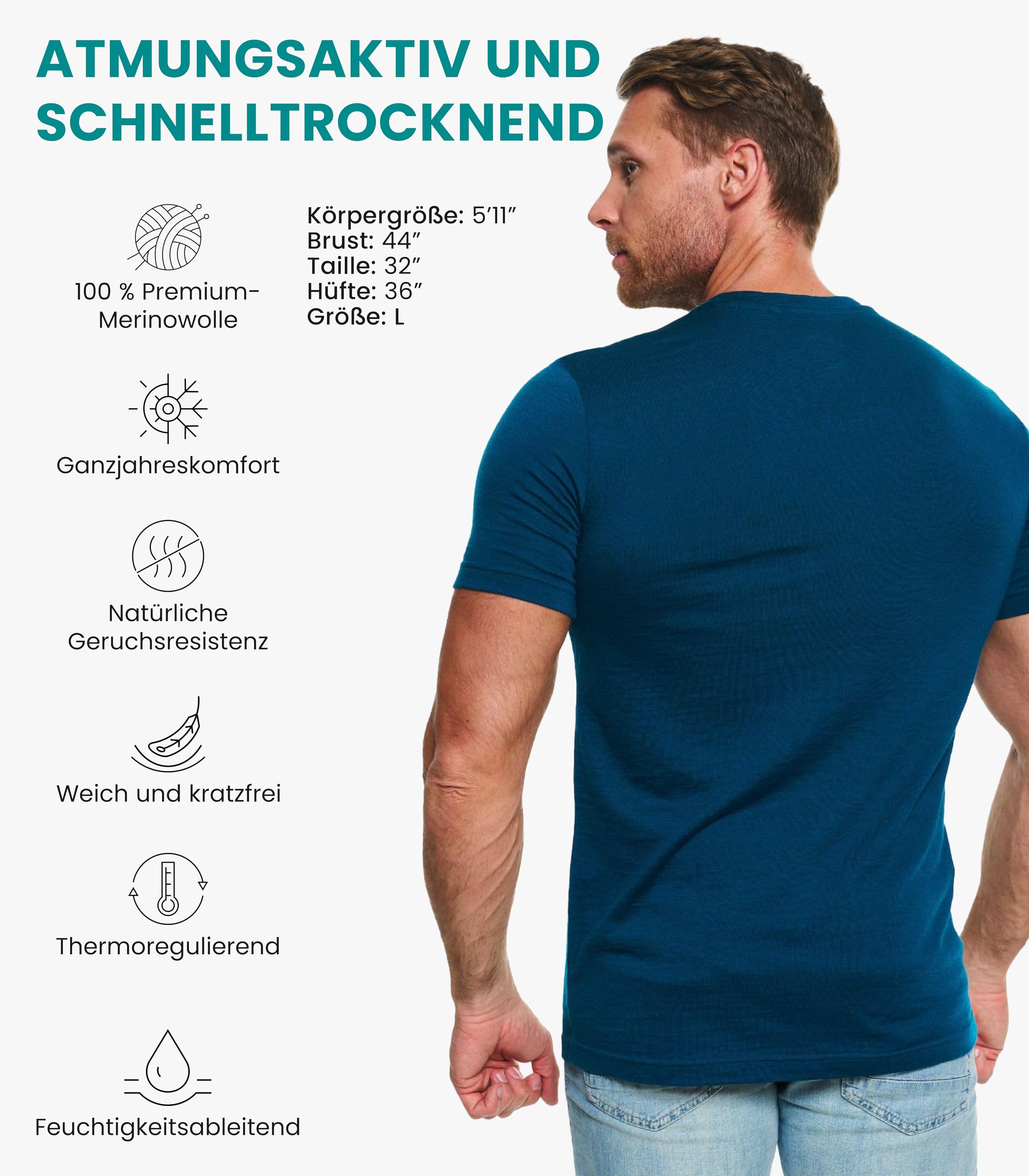 100% Merino T-Shirt Herren Kurzarm - Sport Shirt Männer Wolle, Merino Unterwäsche Herren (Large, Deep Teal)