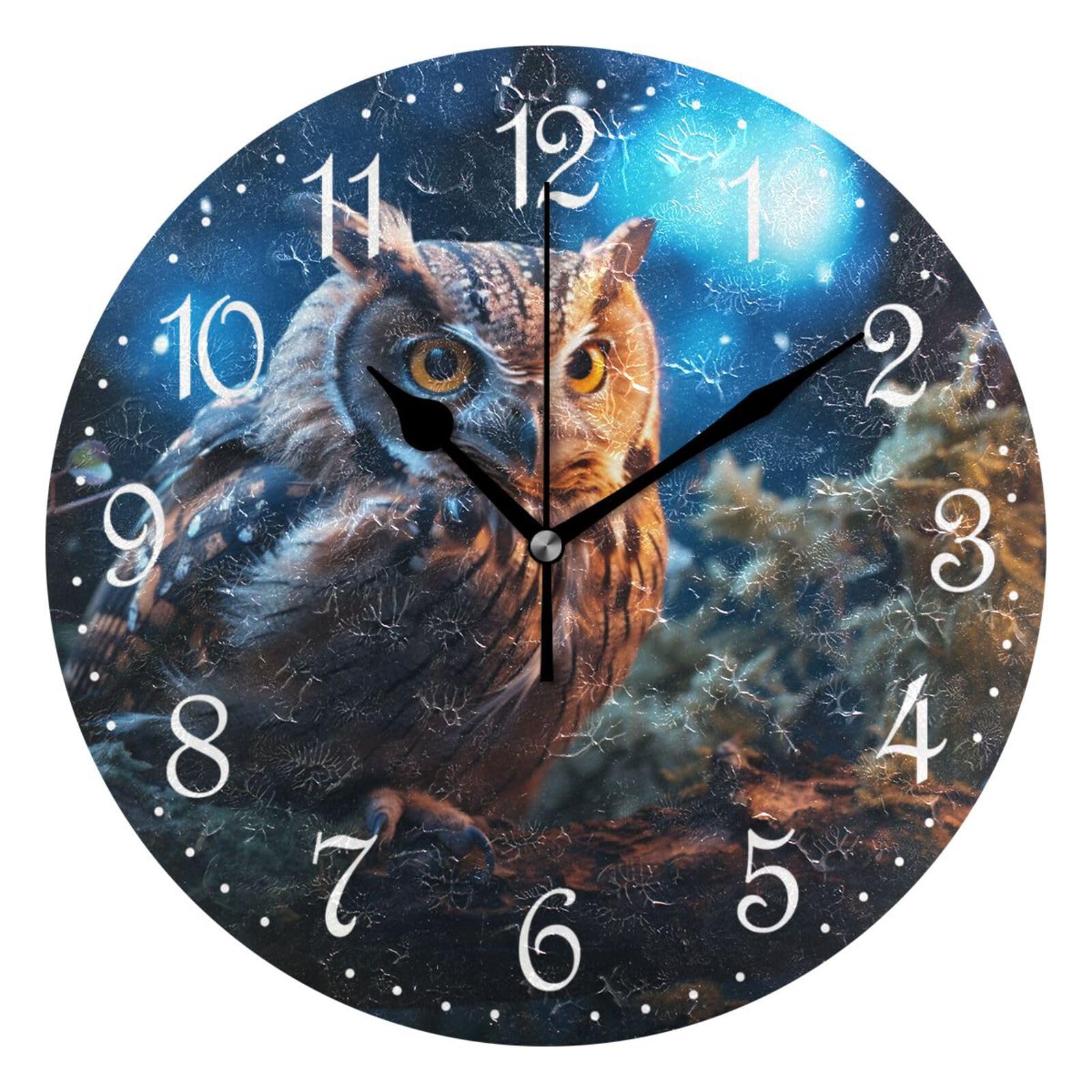 Mnsruu Wall Clock Owl Stars, Silent Non-Ticking Decorative Wall Clocks Battery Operated 25x25cm