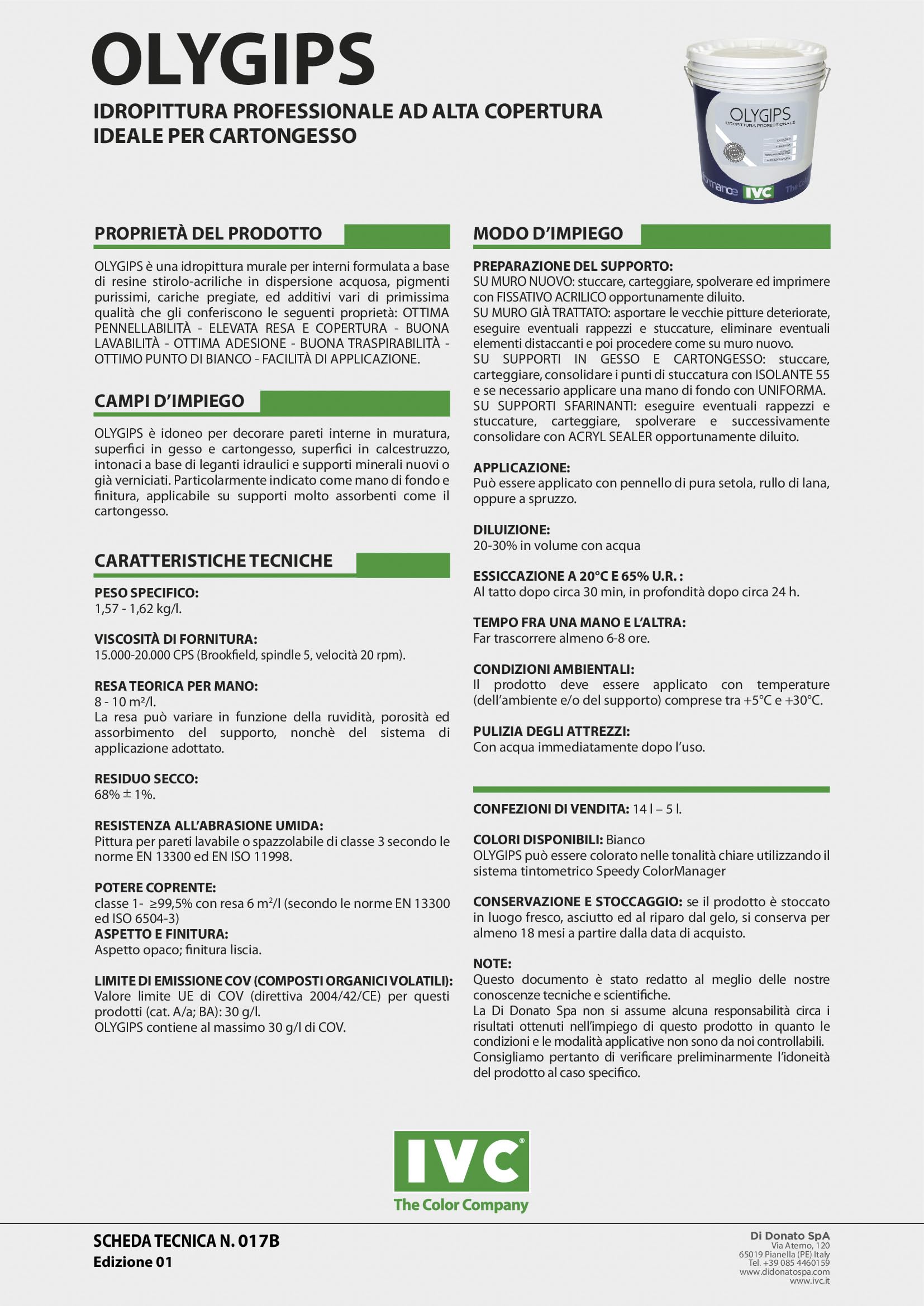 IVC OLYGIPS Idropittura Professionale per Interni ad Alta Copertura Bianca 5 Litri