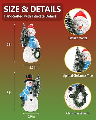 Miniatura 5 de Duo - Figuras de muñeco de nieve de resina de 5 pulgadas con corona de árbol de Navidad iluminada - Decoraciones de Navidad para interiores, adornos