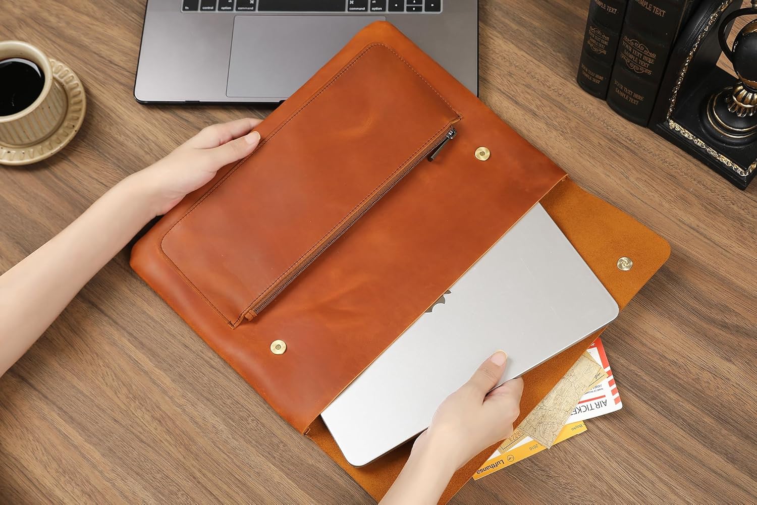 Genuine Leather Sleeve for 13/14/15-in MacBook Pro & MacBook Air, Slim Protective Laptop Case, Folio Document Organizer Leather Folder Portfolio-Brown