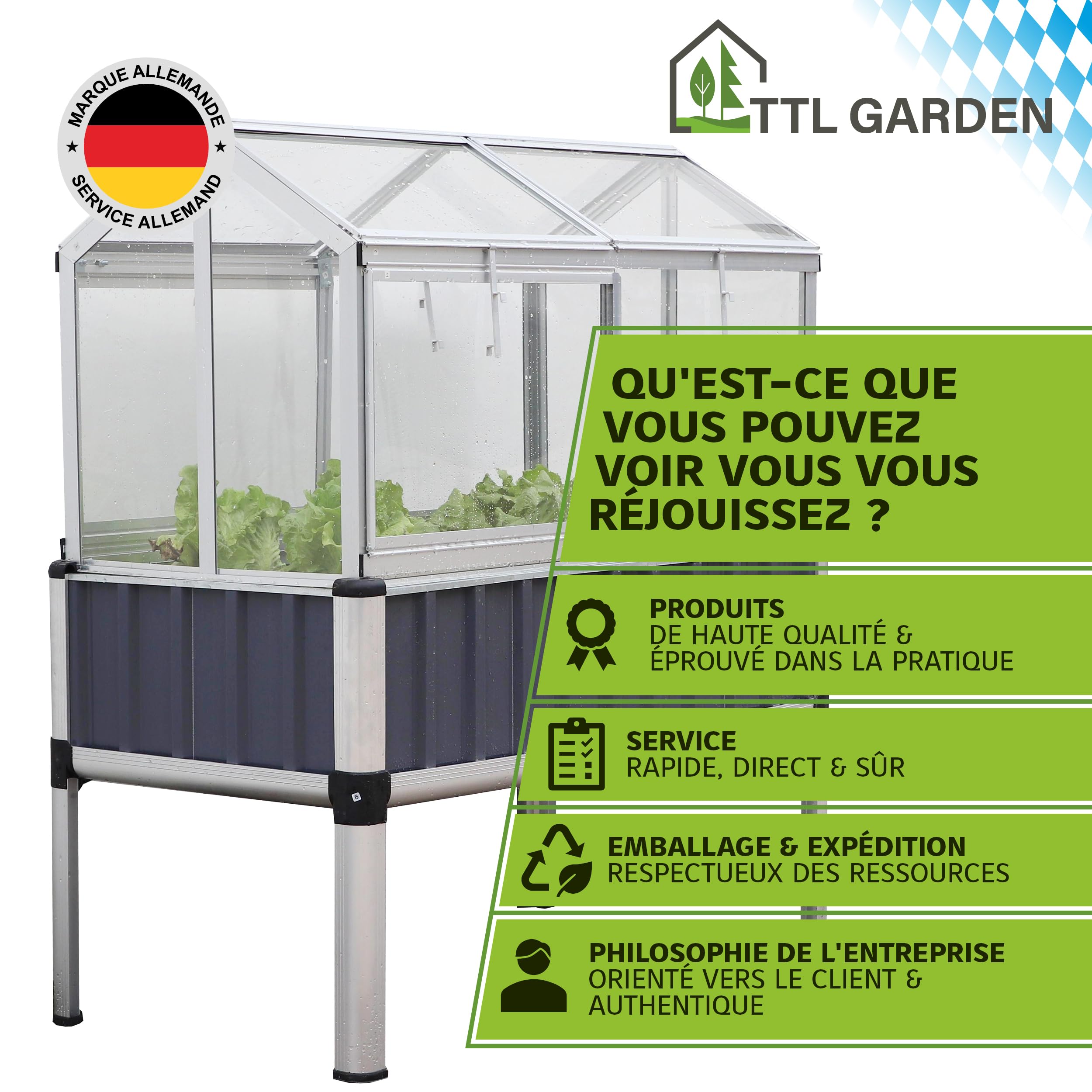TTL GARDEN « Superior » Jardinière surélevée en aluminium avec serre - 128 x 114 x 60 cm - Grande plate-bande surélevée en aluminium de qualité supérieure avec couvercle de serre - Portes et toit en