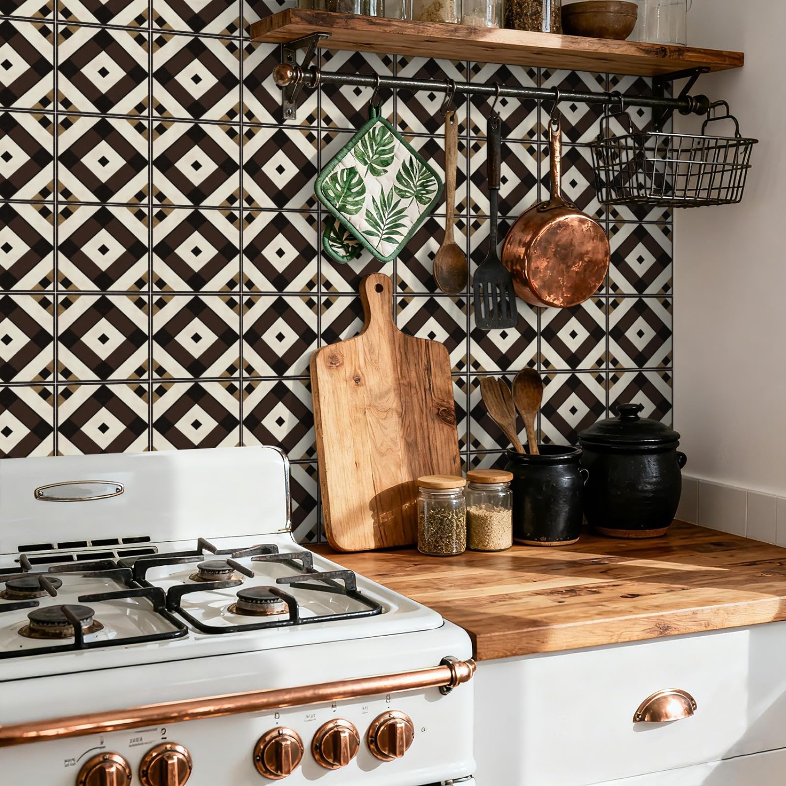 Peel and Stick Wall Tiles Brown Geometric Beige Tiles Self Adhesive PVC Home Decor Backsplash Kitchen Tile Stickers Waterproof Tile Stickers for Bathroom 20x20cm /24 Pcs