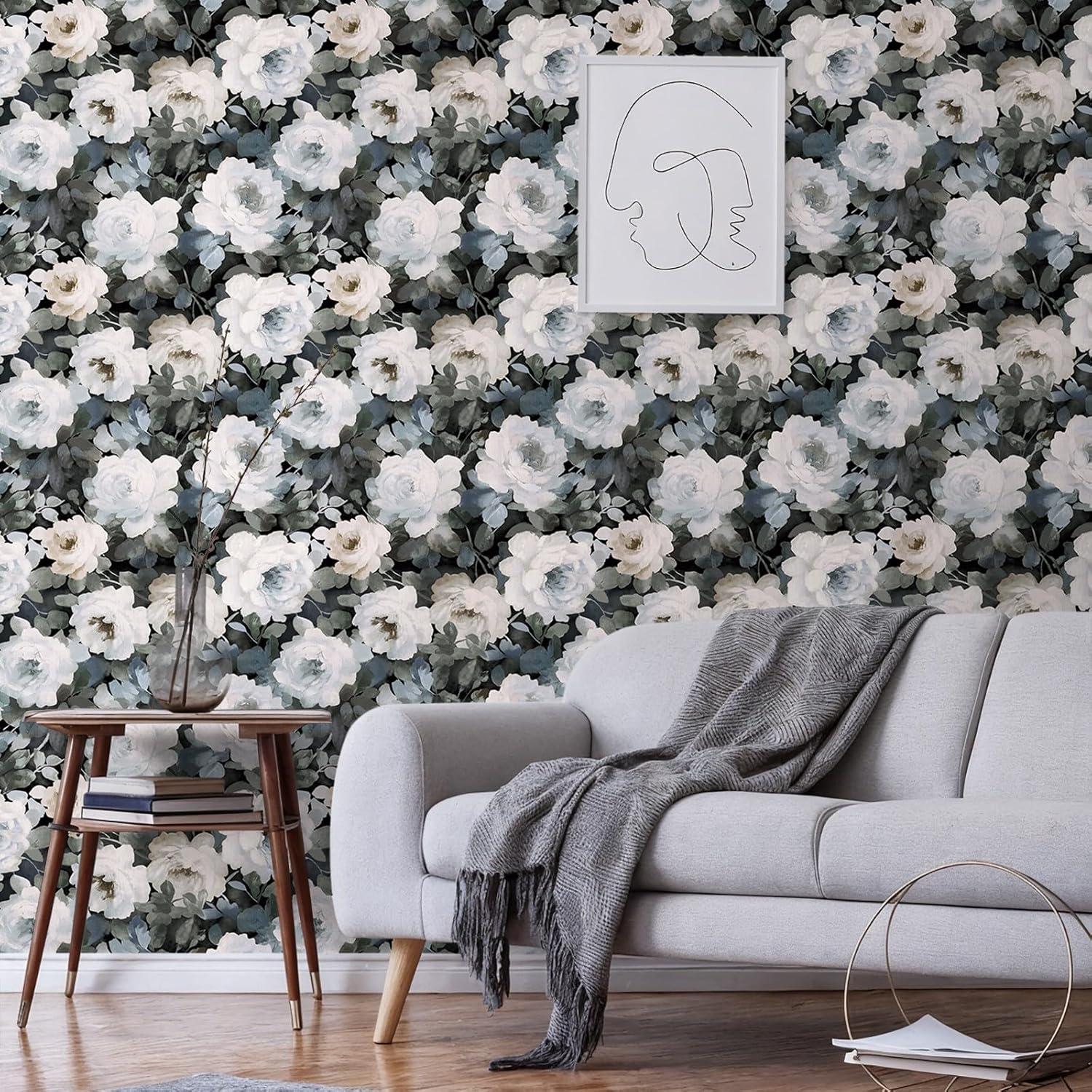 Guvana Peel and Stick Wallpaper Vintage Floral Contact Paper 394"×17.3" Black Floral Self-Adhesive Green Leaf Wall Paper for Bedroom Livingroom Kitchen Vinyl Waterproof Wallpaper Renter Friendly