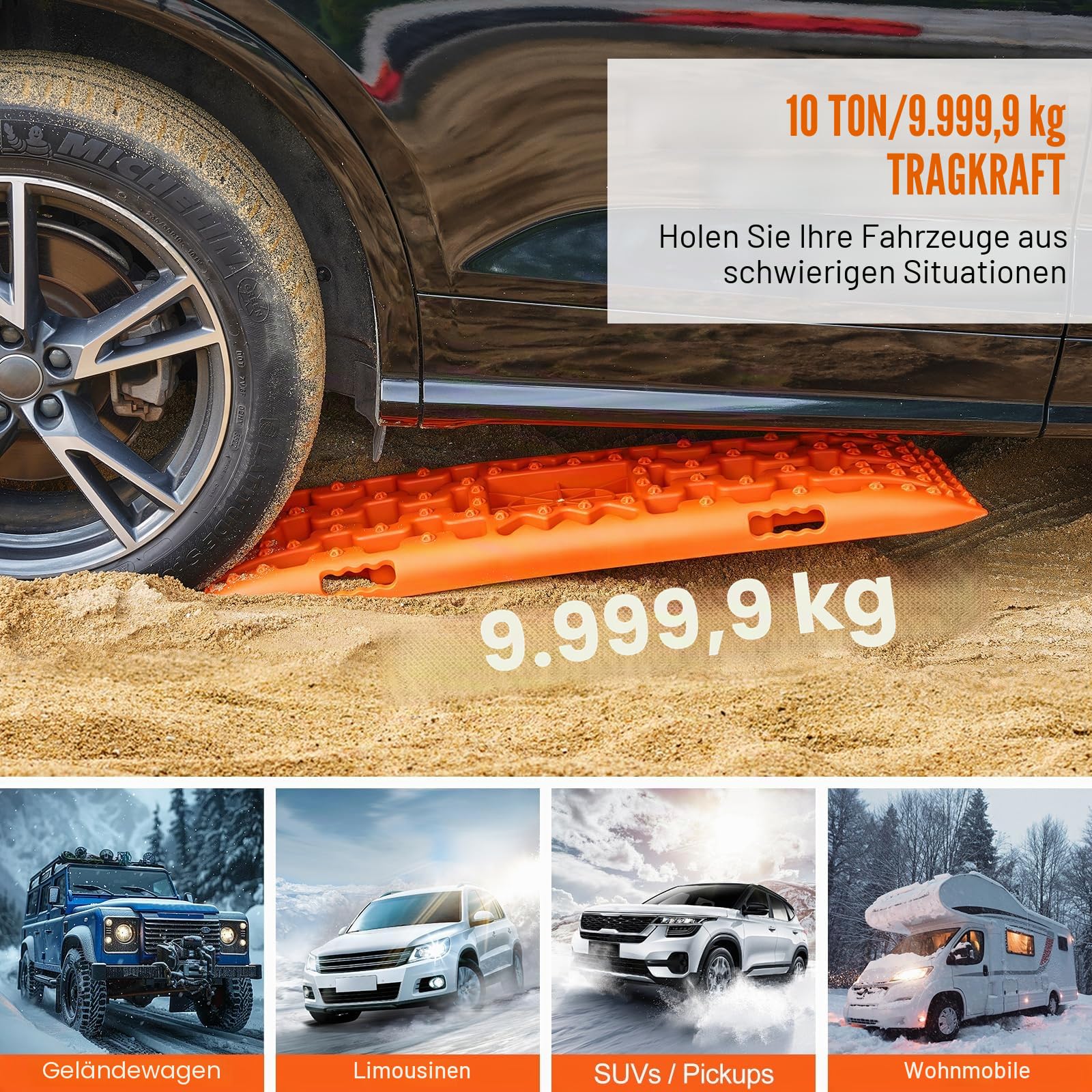 VEVOR 10 TONNEN Traktionsbretter mit PP-Material, Bergungsbretter für Geländefahrzeuge/Autos/Pickups/SUVs/Wohnmobile, Paar Reifen-Traktionsmatten auf Schnee, Sand, Schlamm und losem Untergrund