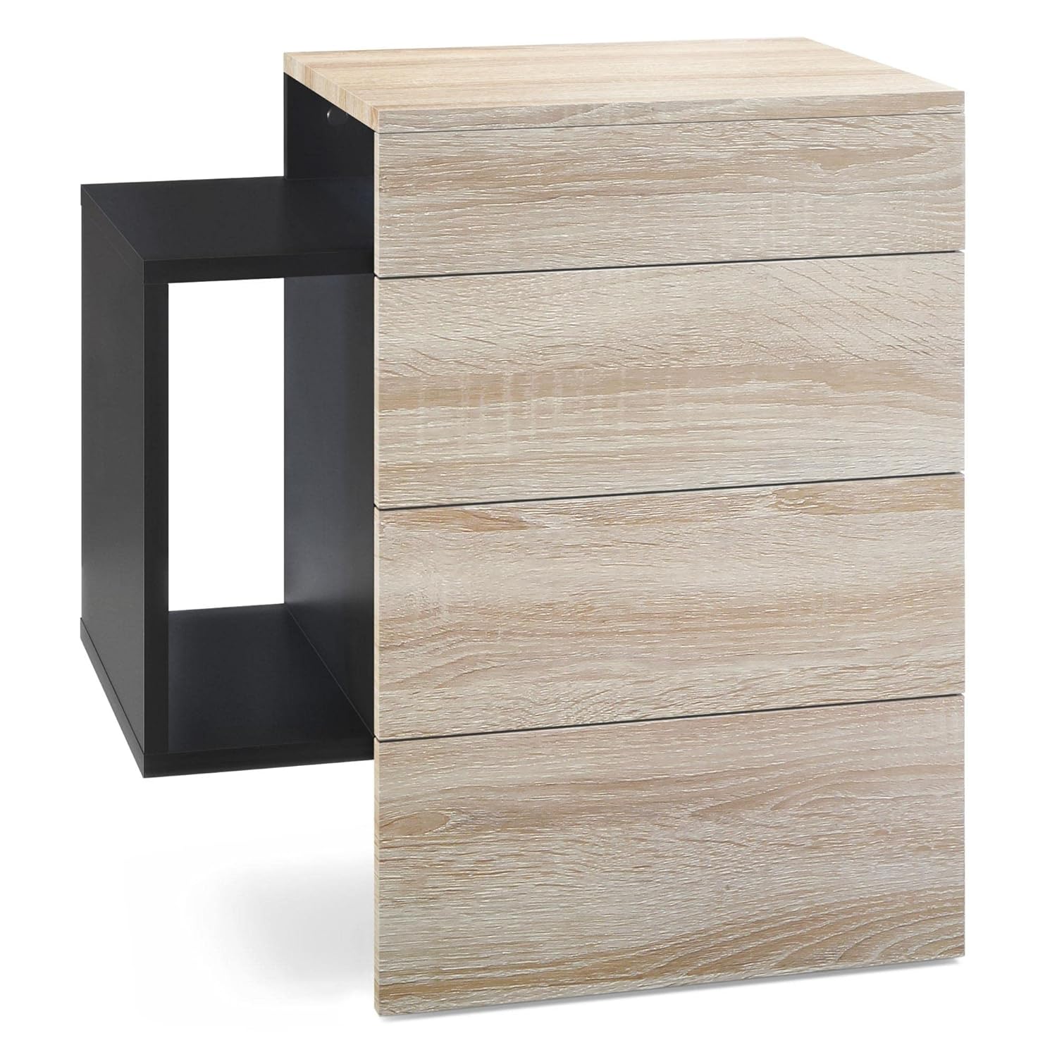 Vladon Nachttisch Queens, Nachttischschrank mit 2 Schubladen und 1 seitlichem Fach zur Wandmontage, Schwarz matt/Eiche Sägegrau (60 x 63 x 36 cm)