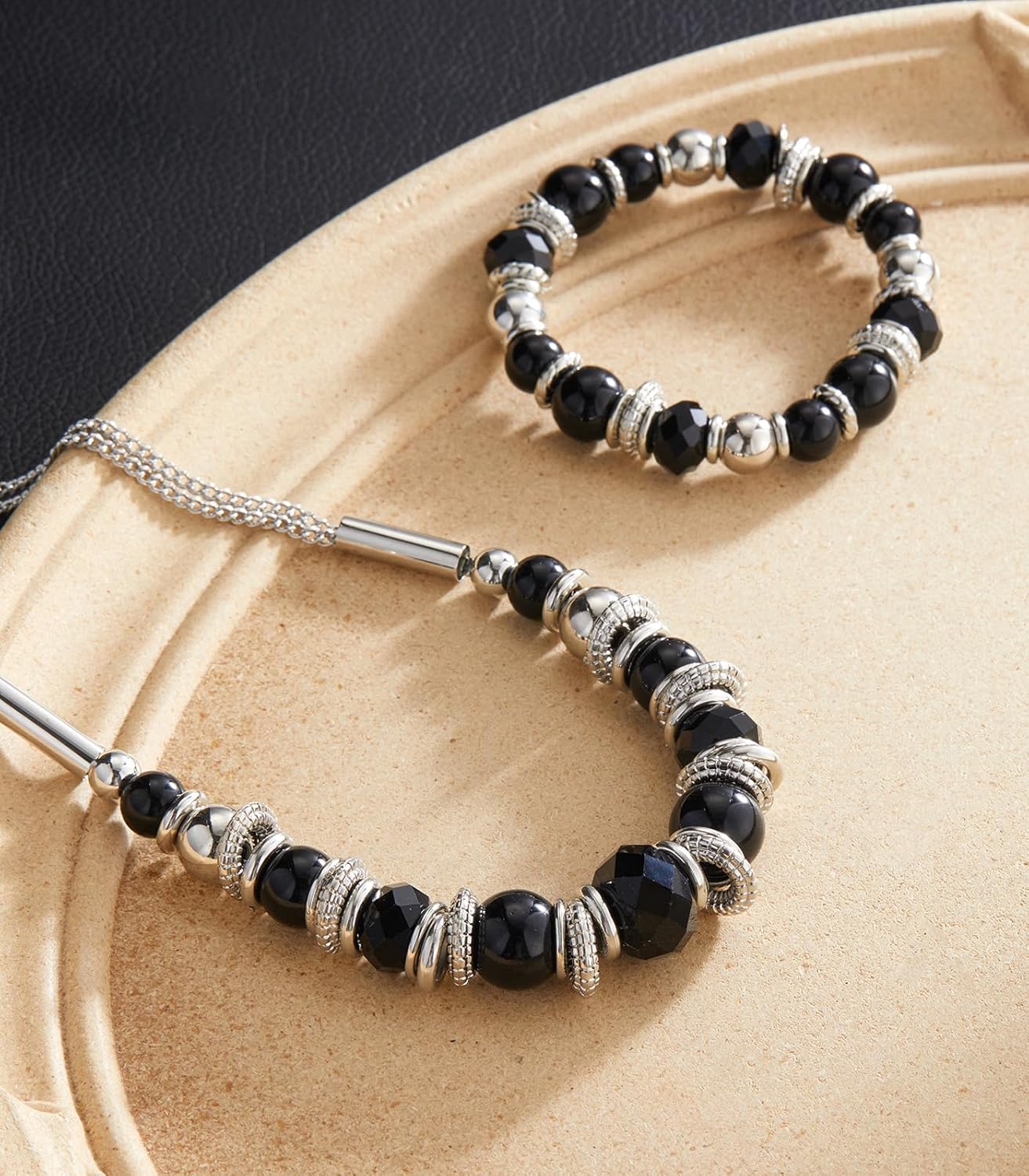 PEARL&CLUB Silver Beaded Statement Necklaces for Women Chunky Bead Necklace Bracelet and Earring Costume Jewelry Sets Gifts for Mom - Image 5