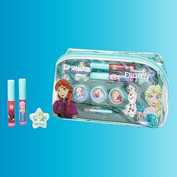 Lip Smacker Frozen Essential Makeup Bag, Frozen Makeup Set for Girls with GlossyLipGloss, BrightEyeShadows, MakeupApplicators, and Accessories for a DisneyPrincess Look