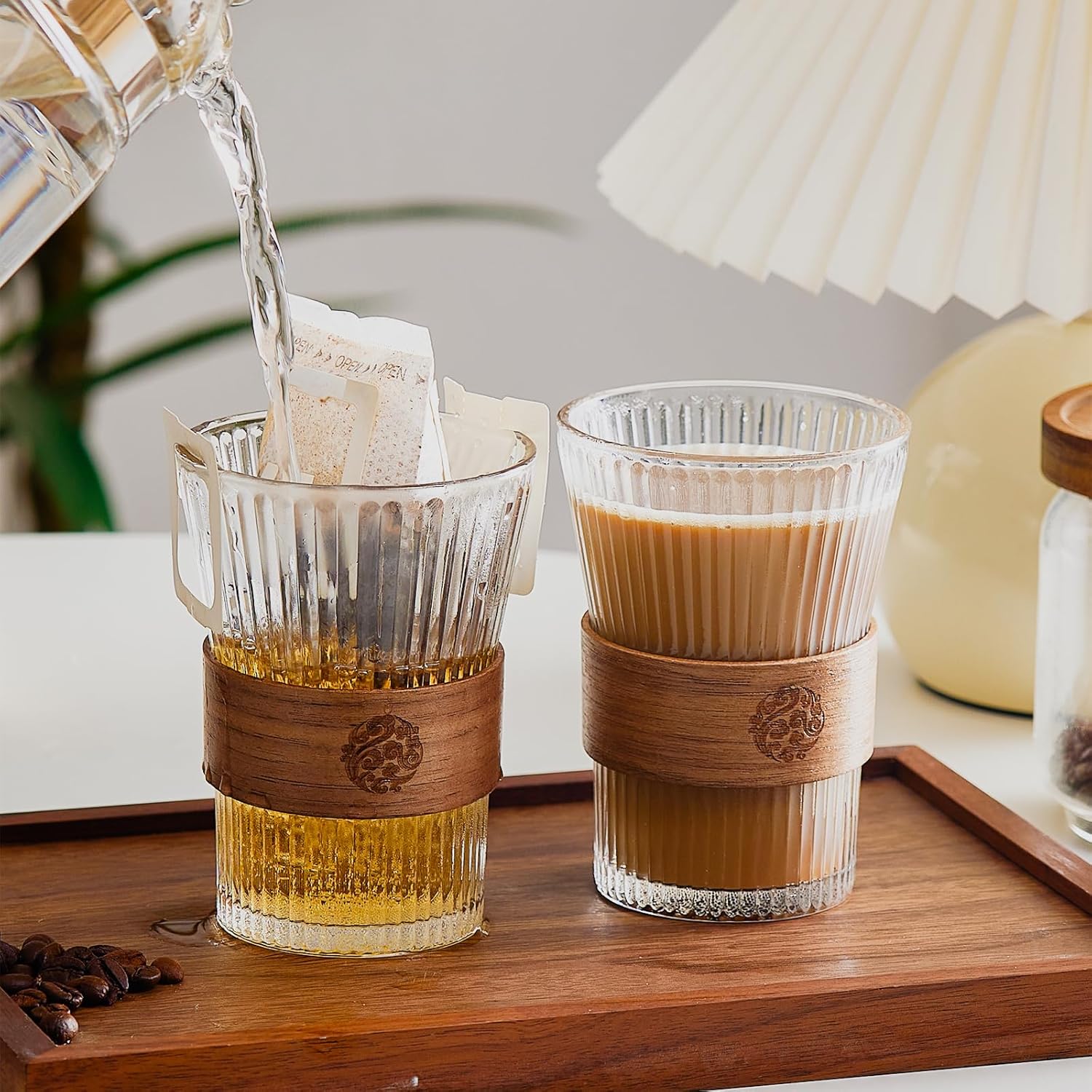 6PCS Glass Coffee Mug 9oz with Bamboo Sleeve,Espresso Cups Drinking Cup set, Home Essential Glass Tumblers for Beer, Cocktail, Tea and Latte Clear
