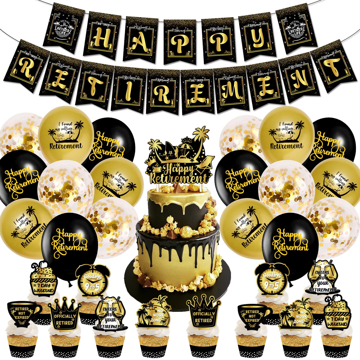 Happy Retirement Party Decorations, 44Pcs Retirement Party Supplies with Happy Retirement Banner Black Gold Latex Balloons Cake Topper Cupcake Toppers for Men and Women Retirement Decor