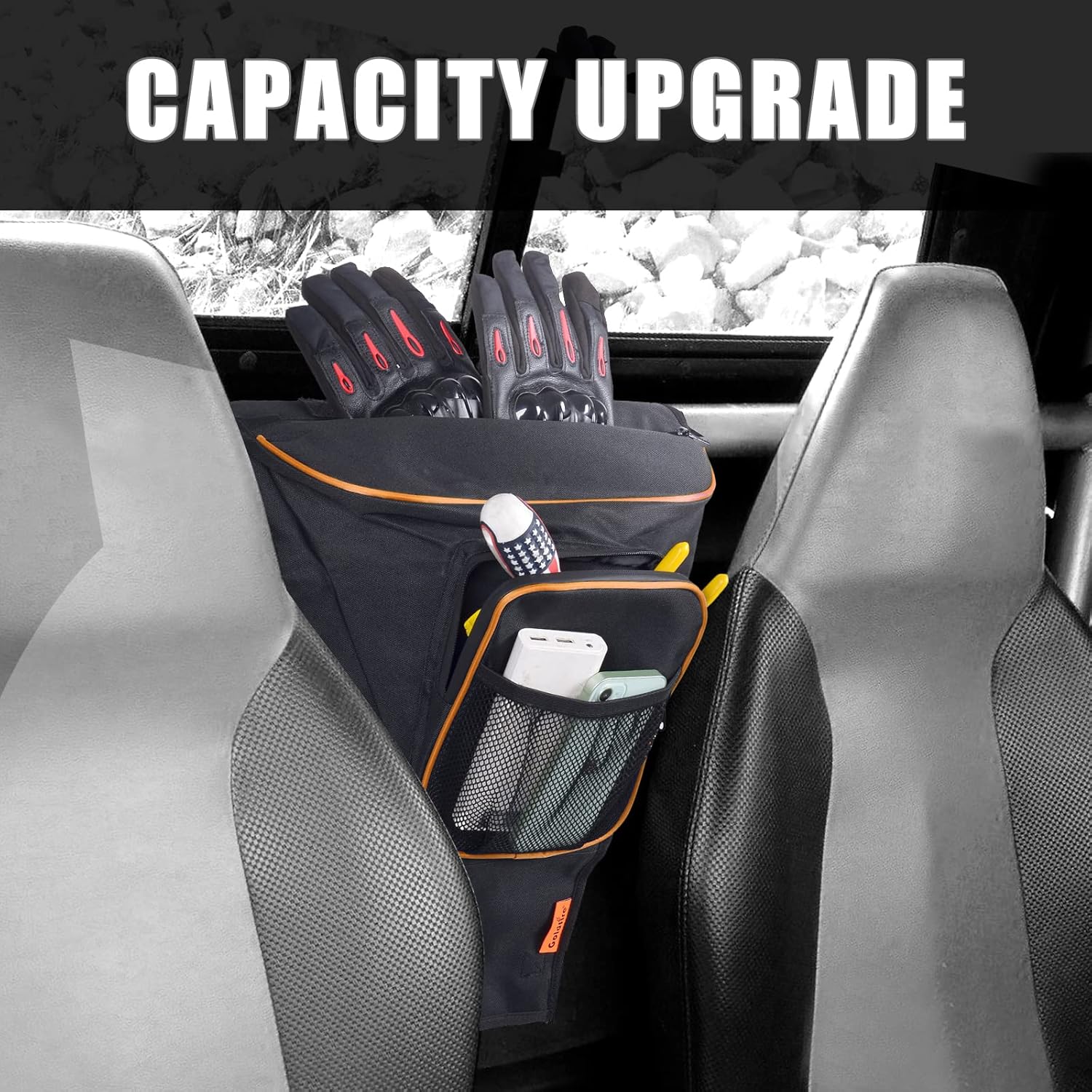 Center Seat Storage Bag Compatible with Polaris RZR XP 1000 Turbo S 800 900 570 RZR Accessories, UTV Cab Pack Storage Bag with Multiple Pockets (Orange Piping)