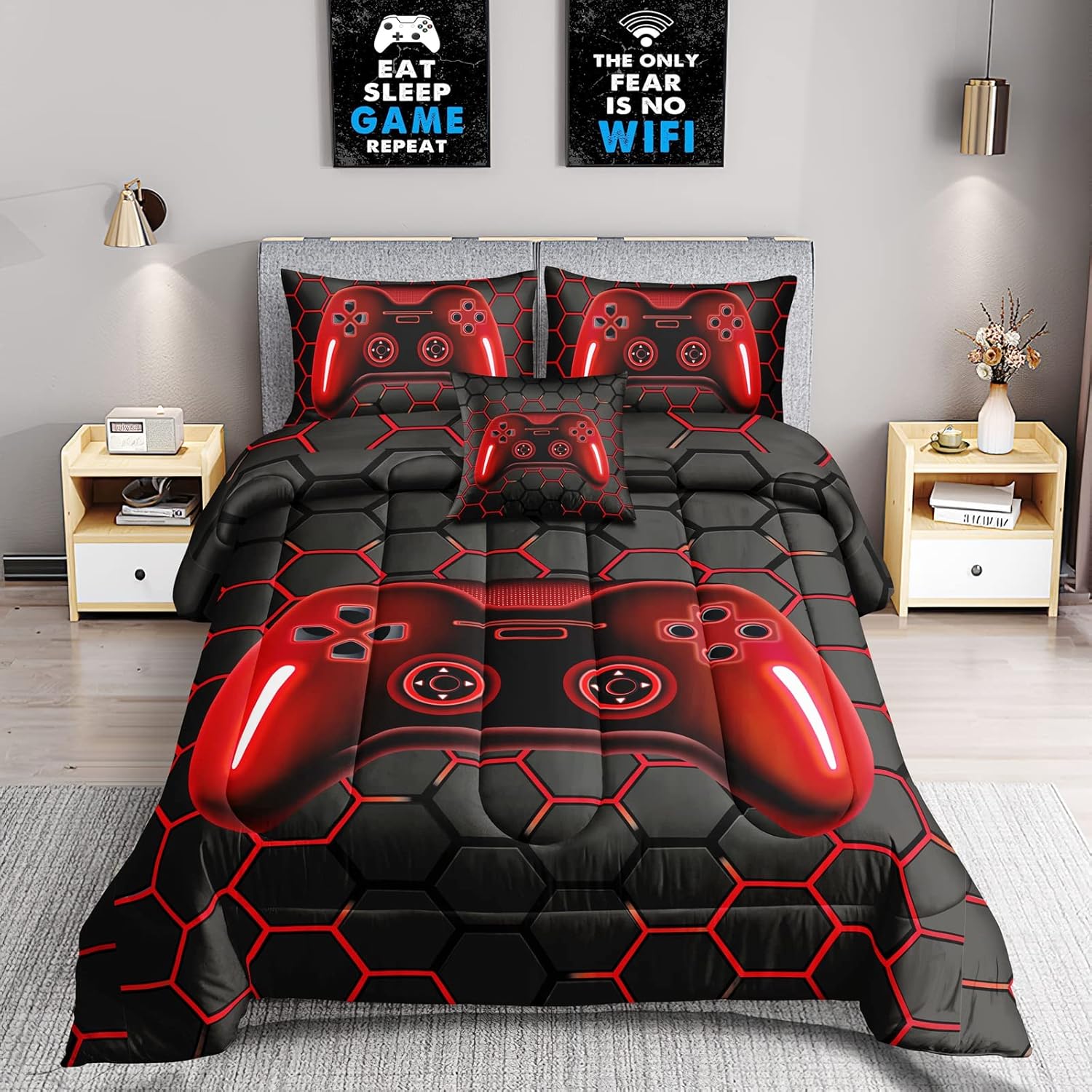 ROWADALO 5 Pieces Bed in A Bag Gamer Bedding Set for Boys Kids Adult Gaming Comforters Set,Boys Bed in A Bag Set Twin Size Comforter with Fitted Sheet Flat Sheet Pillowcase pillowsham,DJTH5027Twin - Image 2