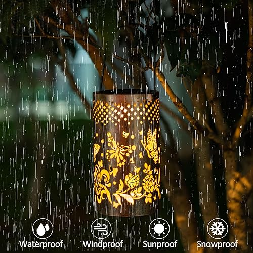 Miniatura 3 de Ganeen 4 linternas solares colgantes de mariposa huecas colgantes luces LED impermeables para jardín, faroles decorativos para exteriores, faroles