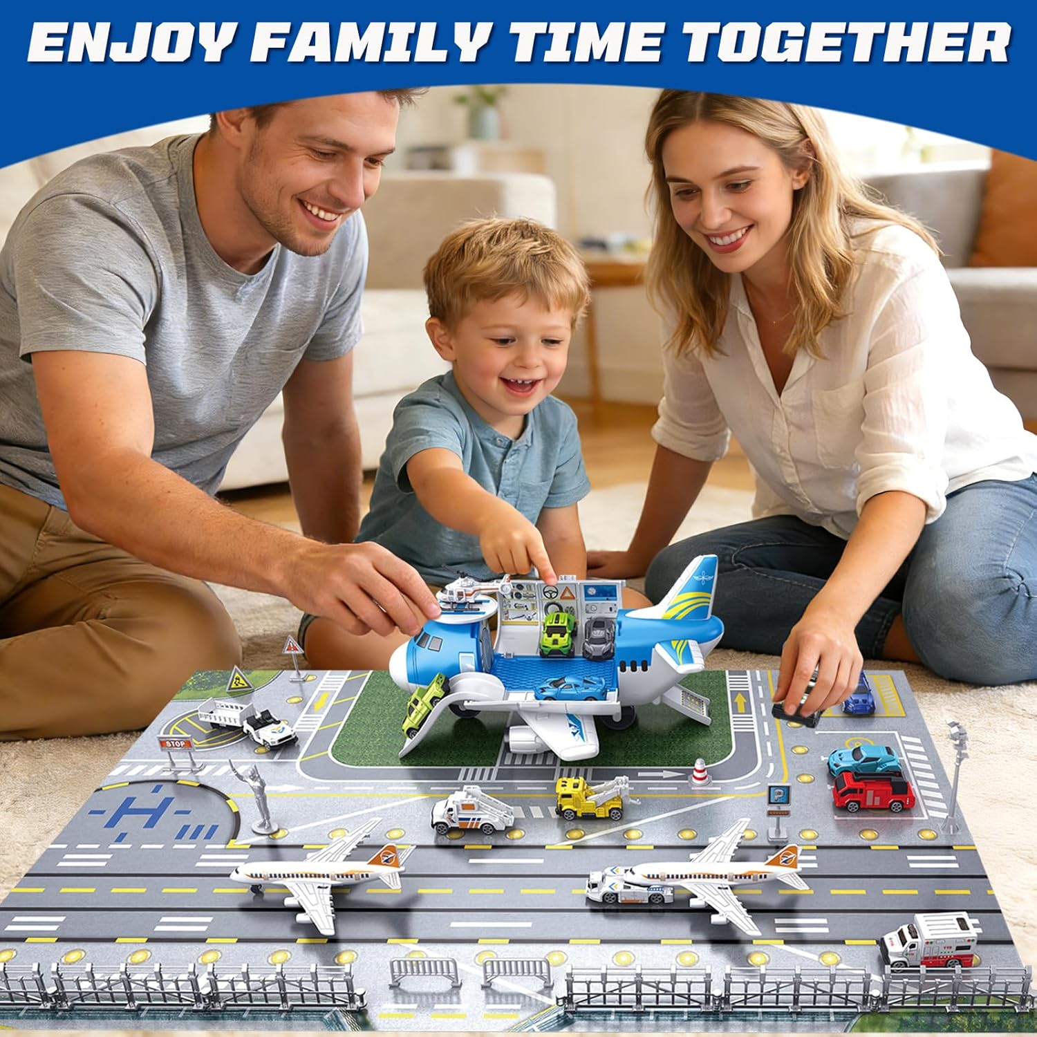 Airplane Toys for Toddlers 1-3-5,Toy Airplane Transport Aircraft with Cars & Helicopter & Play Mat & Stickers,Plane Toys for Boys Girls Age 1 2 3 4 5 6 7 Birthday