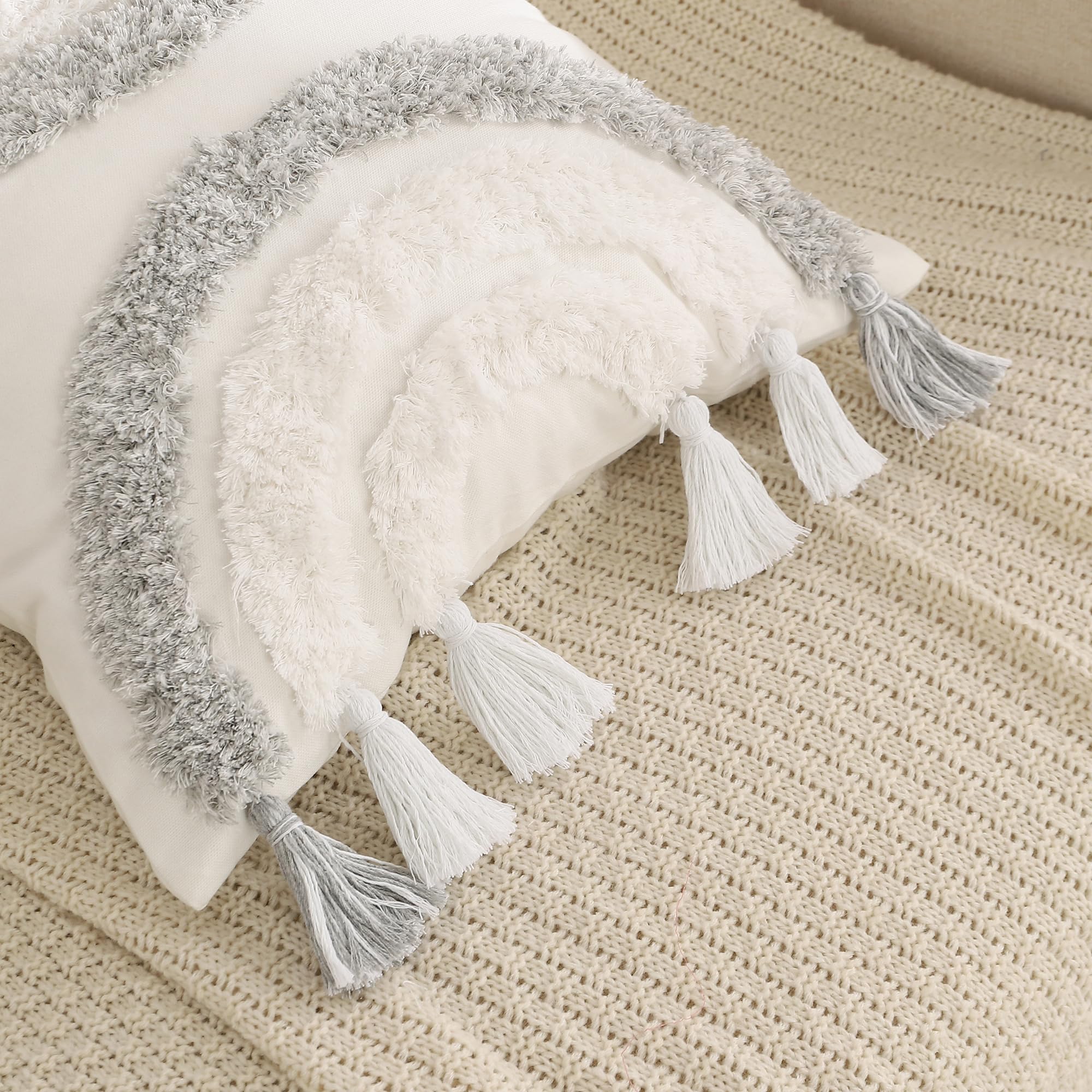 PLWORLD Federa Cuscino Bohémien In Ciniglia 45x45 Cm – Con Nappe E Pompon, Colore Crema, Morbida, Per Divano E Letto - 2