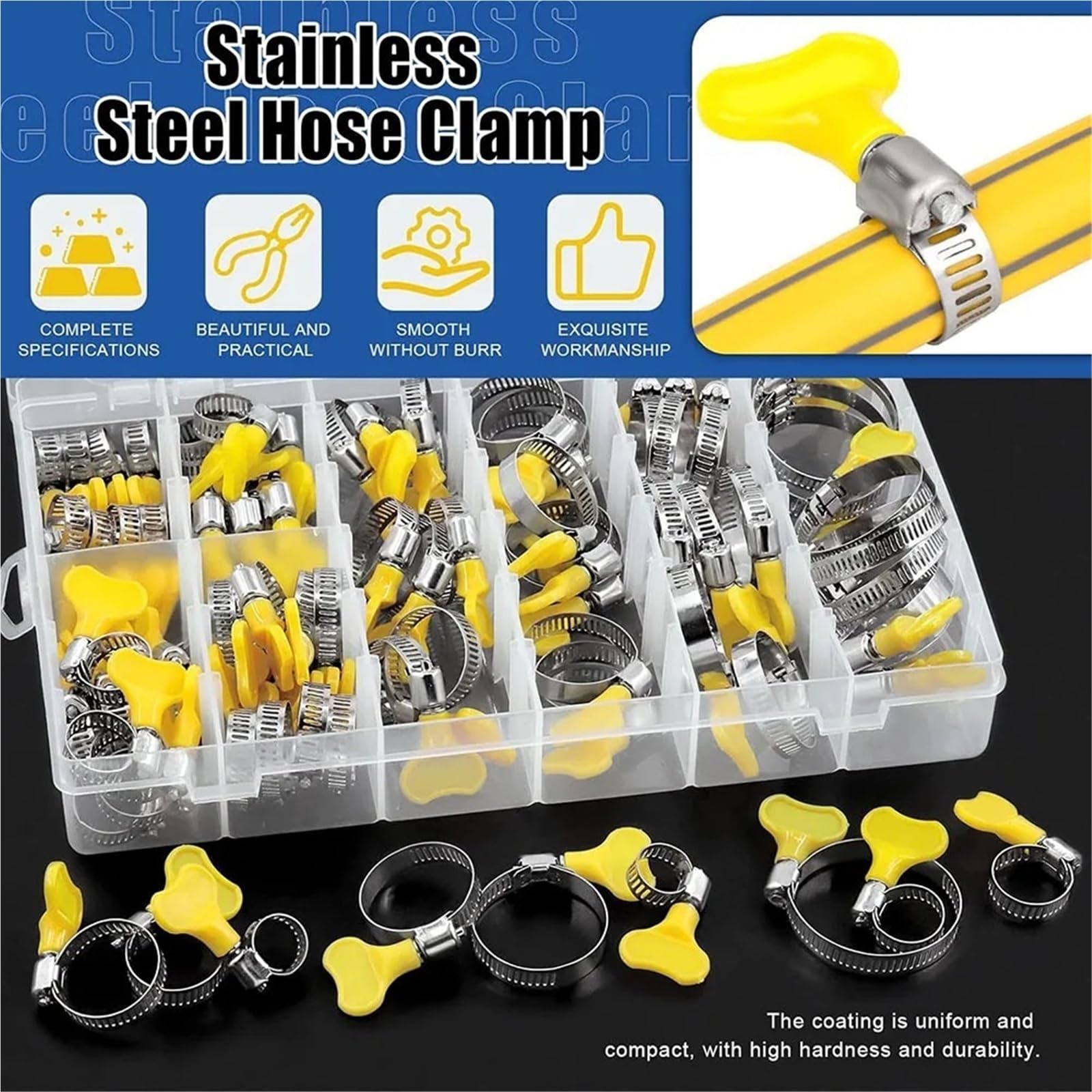 Colliers De Serrage En Acier Inoxydable Kit combiné de colliers de serrage réglables, série 8-44MM, 76 pièces, avec poignée en plastique