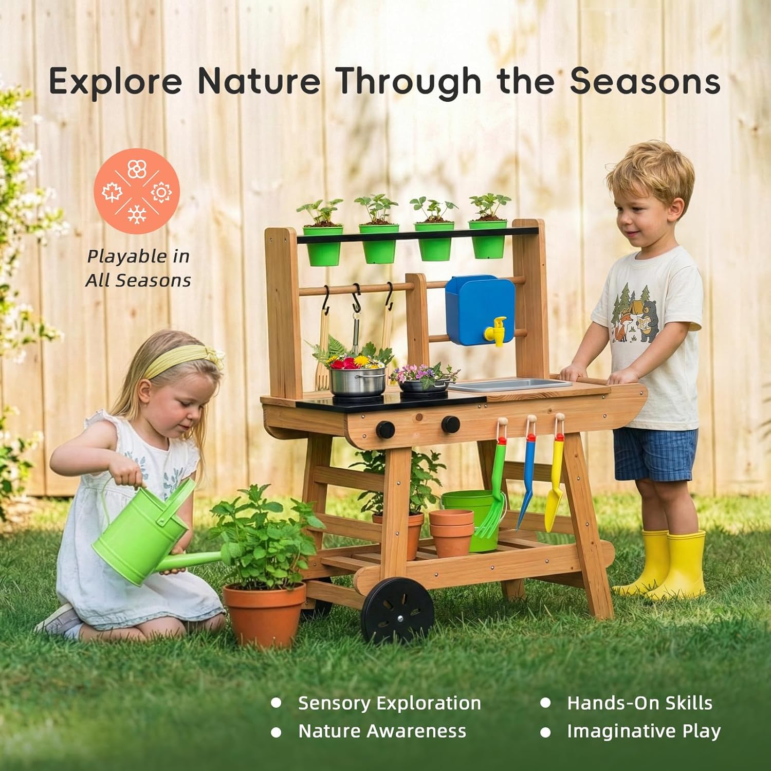 Mud Kitchen for Kids Outdoor with Wheels, Wooden Outdoor Play Kitchen with Removable Sink, Flipable Stove, Ideal Toy for Toddlers Ages 3+