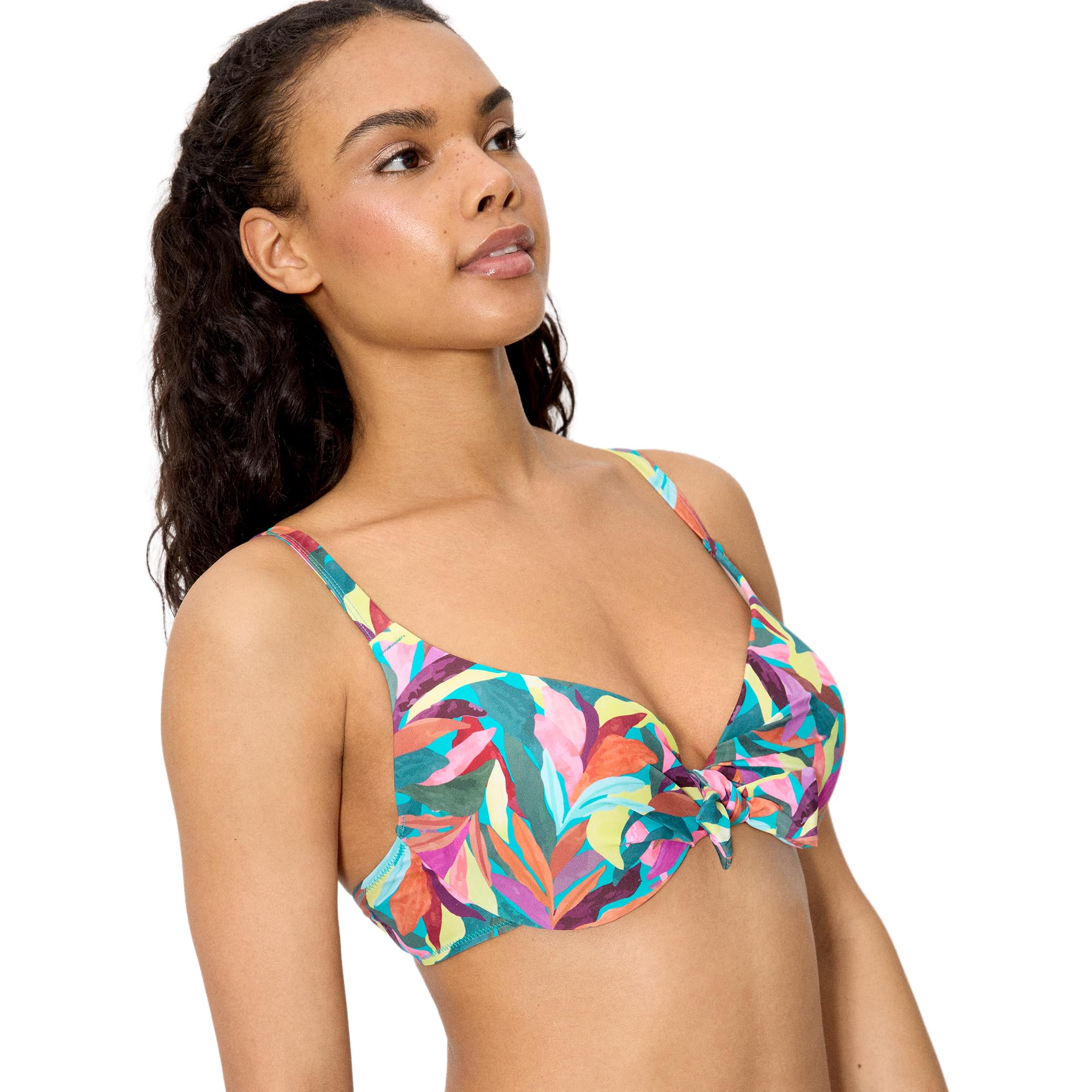 YSABEL MORA. Top Bikini con Aro Estampado Hojas Copa C. Patrón Clásico con Aro Y Relleno Fijo Que Ofrece Soporte Óptimo Gracias A Sus Tirantes Anchos Y Cierre De Broche .Colección Turquoise.