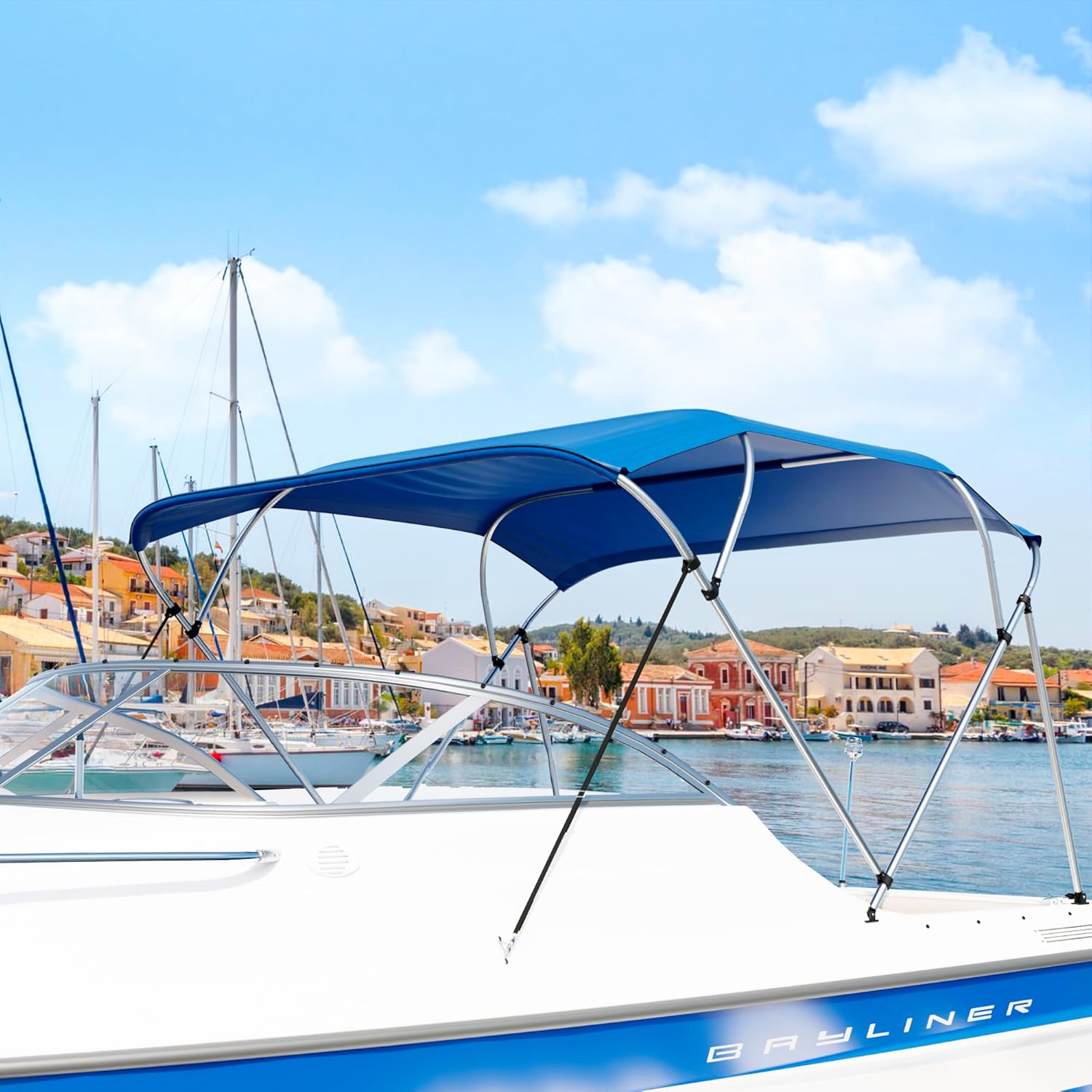 3 Bow 54"-60" W Bimini Top for Boat, 900D Boat Canopy Includes 2 Straps 2 Rear Support Poles, Jon Boat Sun Shade Cover, Folding Pontoon Bimini Top with Frame, Blue