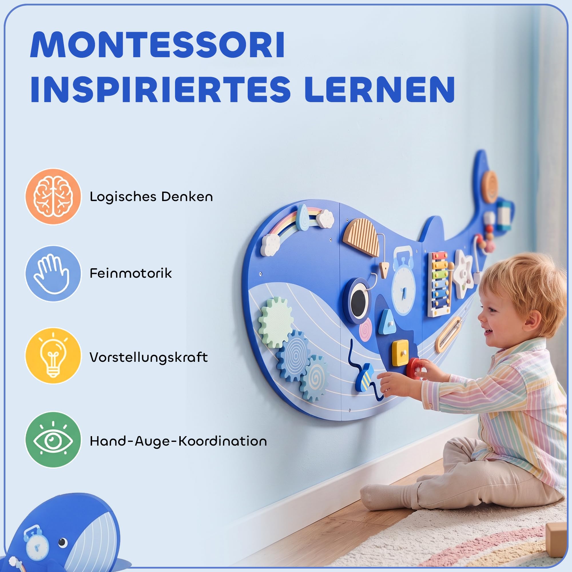 AIYAPLAY Montessori Motorikbrett 13-in-1 Holz Busy Board Wandmontiertes | in Waleform, Activity Board Spielzeug, Xylophon Uhr Zahnrädern Blöcken, Frühes Lernspielzeug, für Kinder ab 2 Jahr