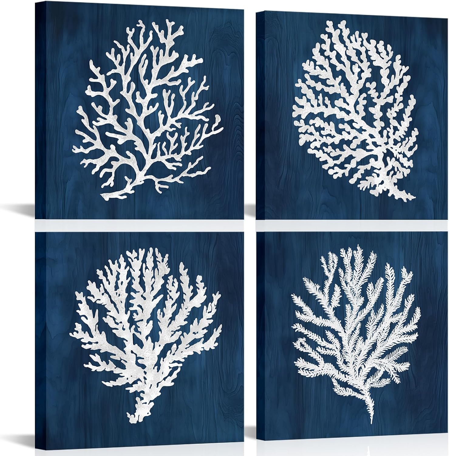 iKNOW FOTO Blue Bathroom Wall Art Beach Canvas Set of 4 Wall Art Decor with Coastal Ocean Coral Prints Modern Navy Blue Painting Stretched Canvas Ready to Hang