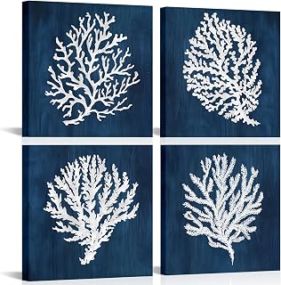 iKNOW FOTO Blue Bathroom Wall Art Beach Canvas Set of 4 Wall Art Decor with Coastal Ocean Coral Prints Modern Navy Blue Painting Stretched Canvas Ready to Hang