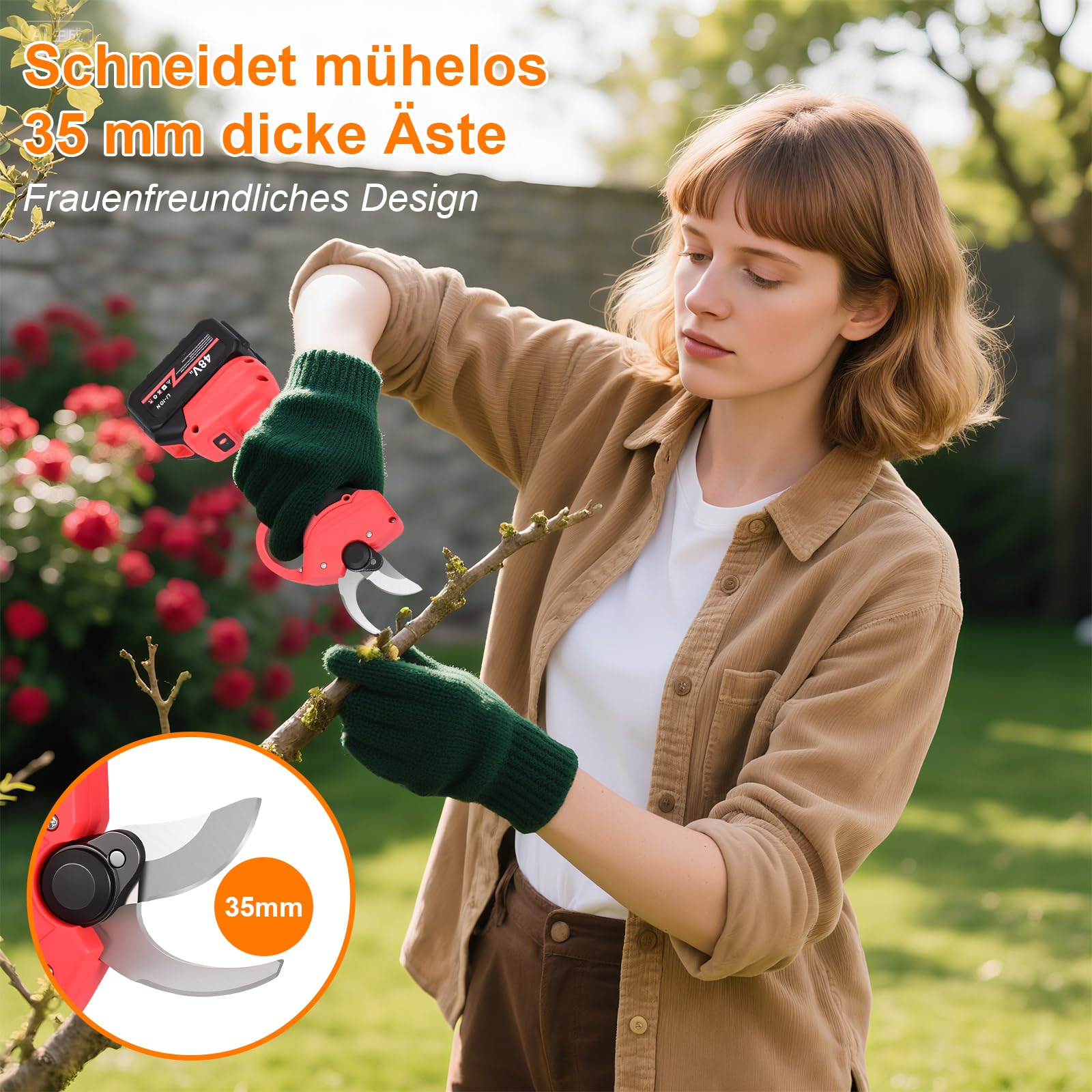 Akku Astschere,GuKKK 35mm Elektrische Gartenschere mit Akku mit 500W Bürstenlosem Motor, Professionelle Elektrische Gartenschere mit 2 Akku 2000mAh, Elektrisch Garten Schere für Zweige, Sträucher