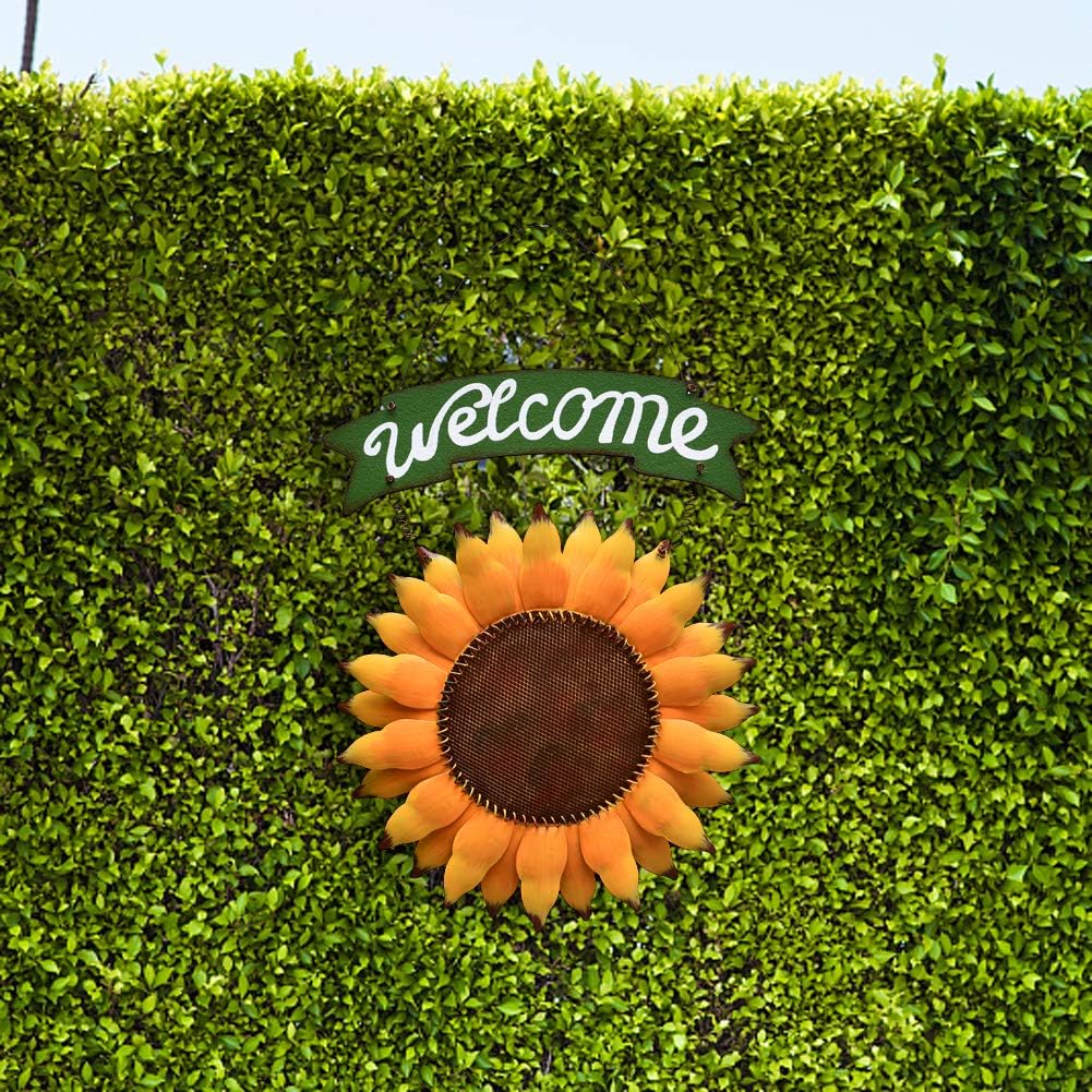 ACCENTHOME Metal Hanging Sunflower Welcome Wall Art Yard Art Outdoor Patio Fence Decor Door Decor (Yellow 2)