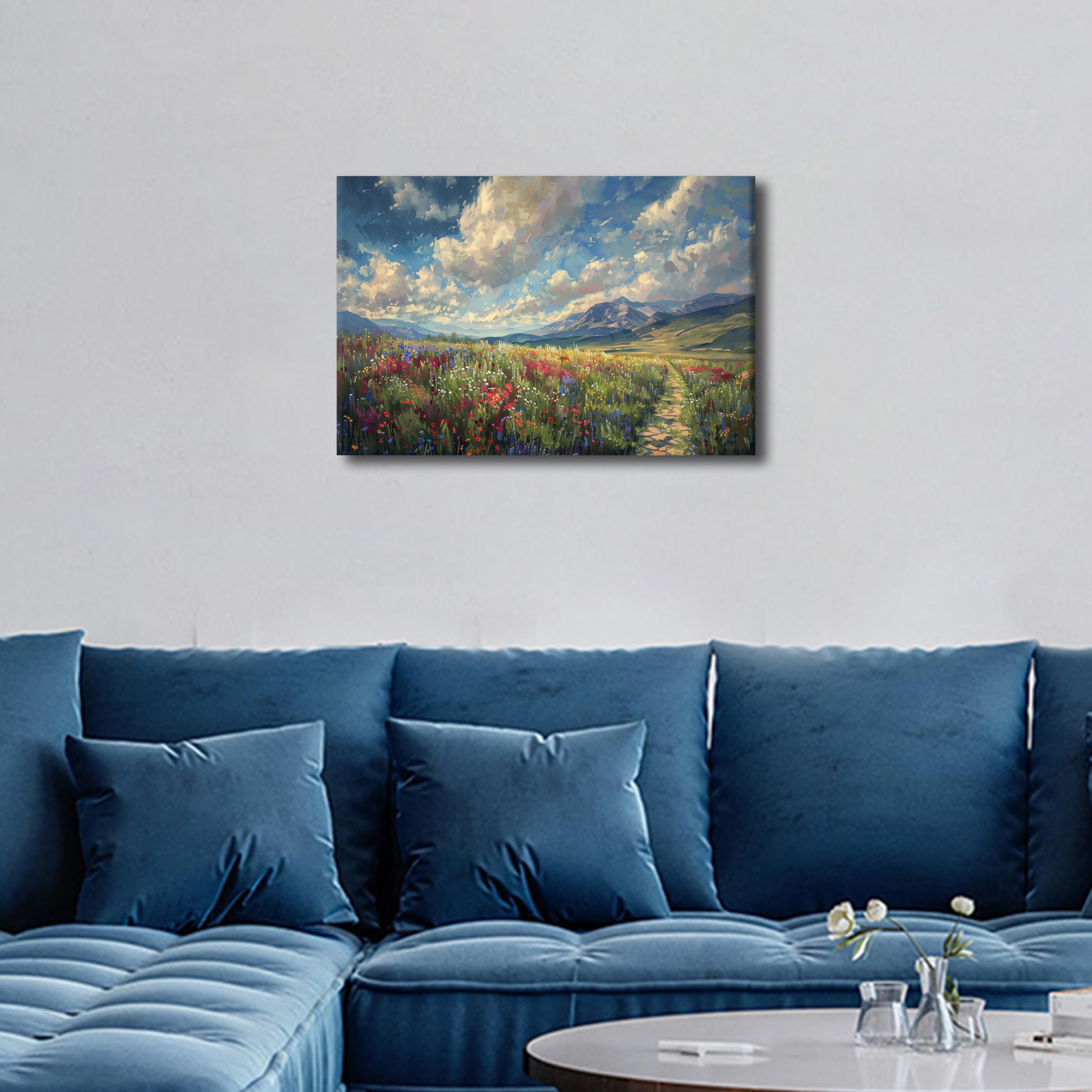 Natural Landscape Wall Art for Living Room Blooming Wildflowers Canvas Wall Art Pictures Poster Modern Wall Decor Art for Bedroom Office Giclee Wooden Framed Gallery-Wrapped Ready to Hang 16"Wx24"H - Image 4