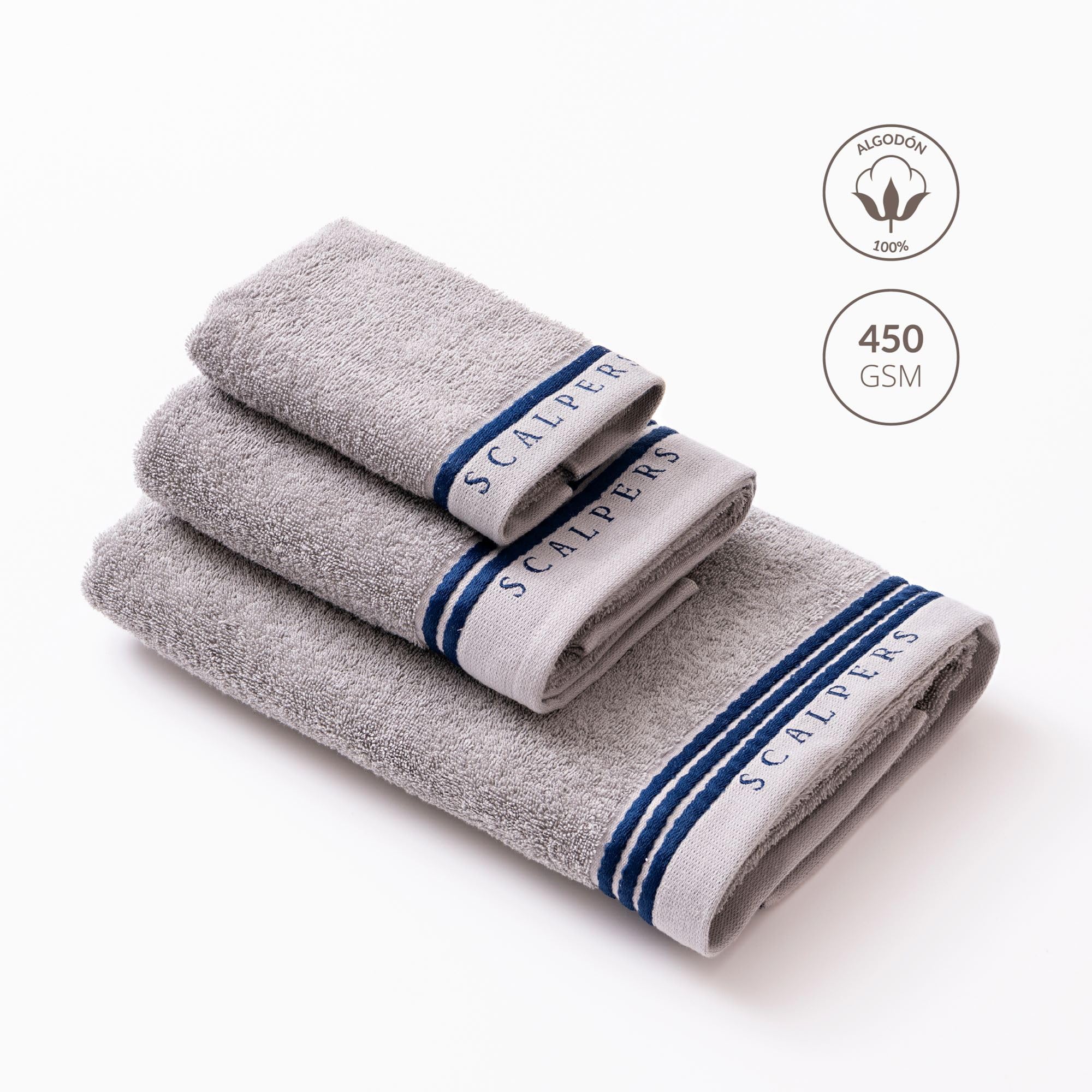 Scalpers Set Toallas baño (tocador 30x50cm + Manos 50x90cm + baño 70x140cm) 450GSM en algodón Gris con Azul Home