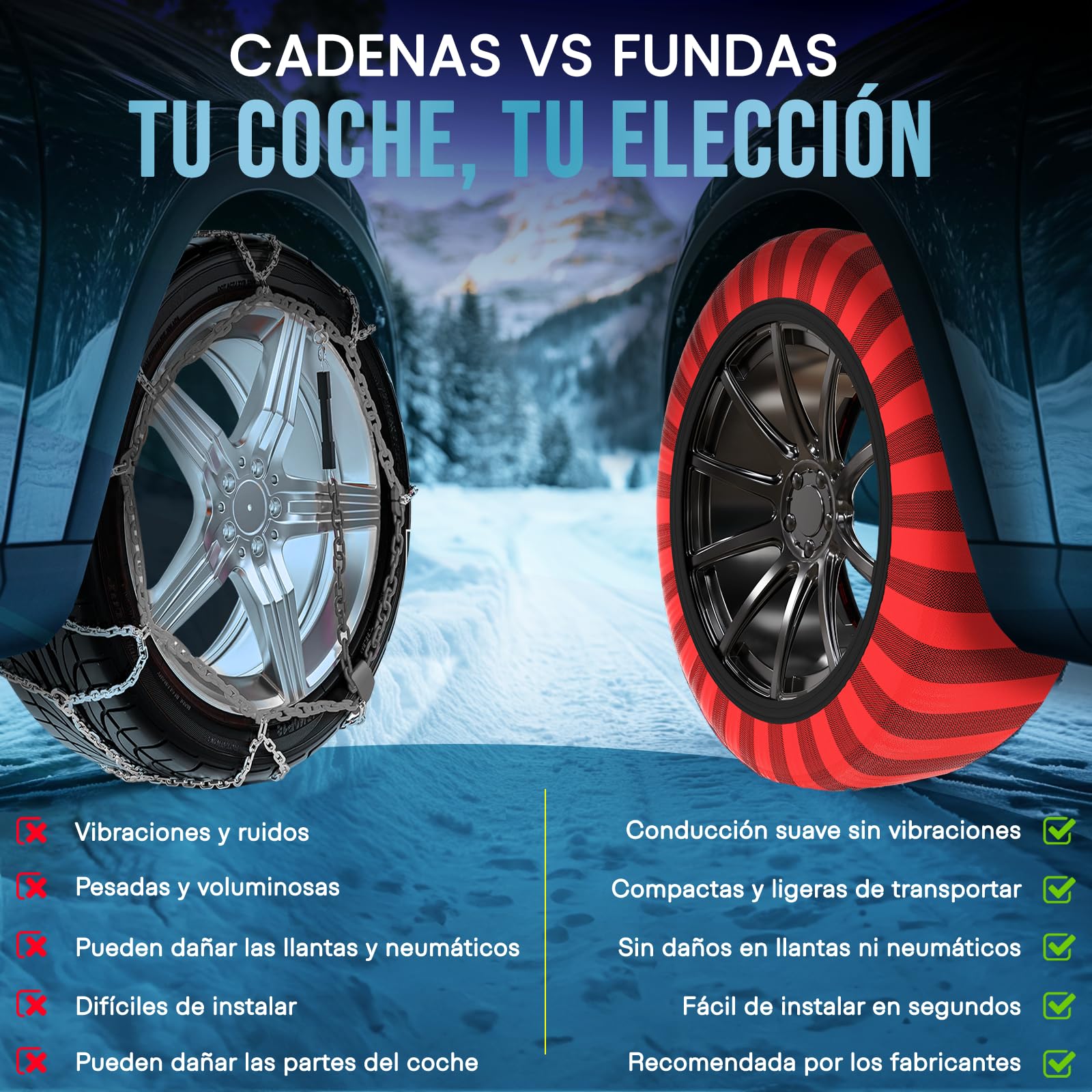 ISSE - Cadenas Coche Nieve Homologación EN 16662-1 y alta seguridad T-66 - Cadenas Nieve Téxtiles Fáciles de Instalar - Cadenas Nieve Coche Antideslizantes y Resistentes - Kit de 2 Cadenas + guantes