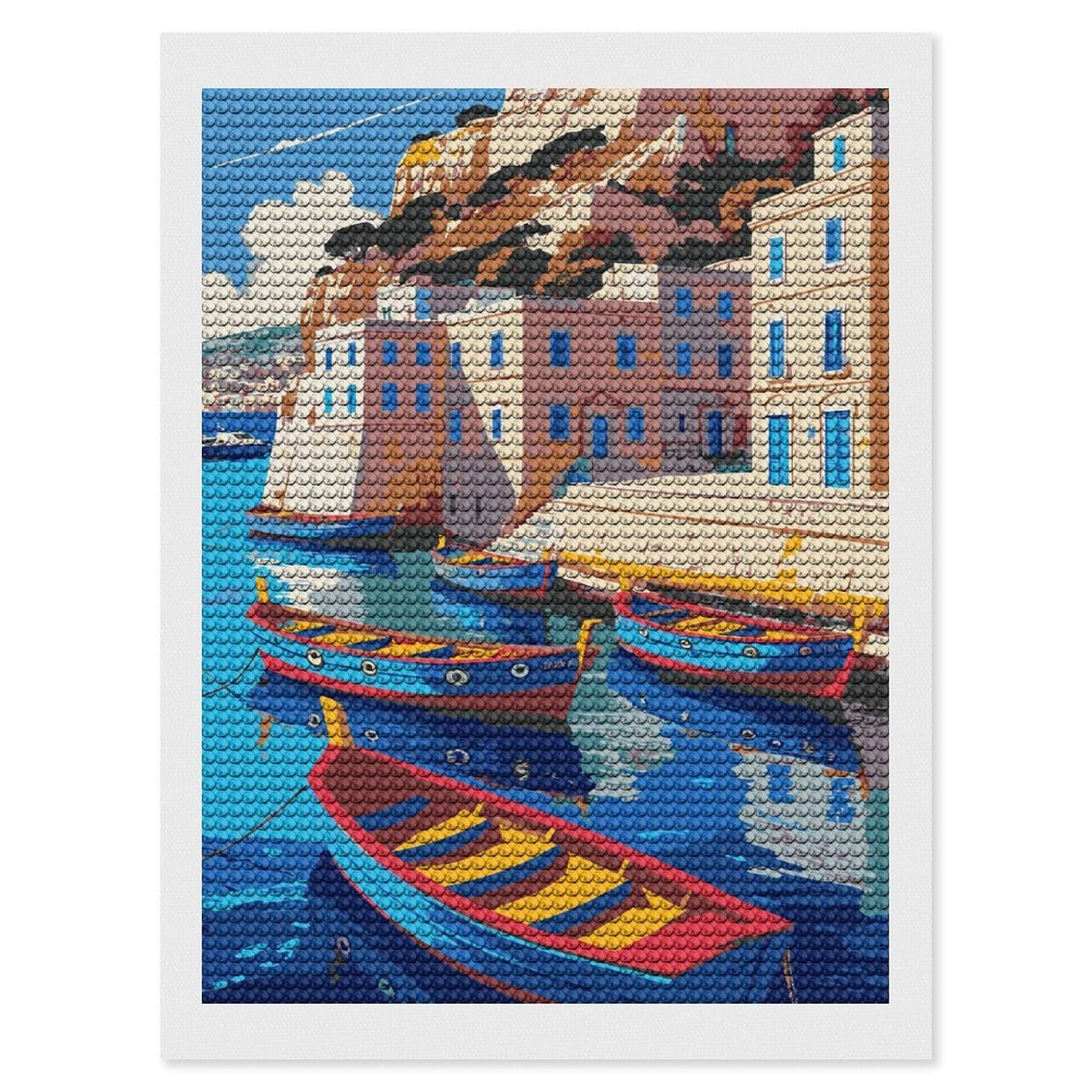 Junmoney Coastal Village with Boats Illustration Full Drill Diamond Painting Kit 12"x16", for Teens, Adhesive Canvas, Bedroom Decor, Holiday Gift Idea