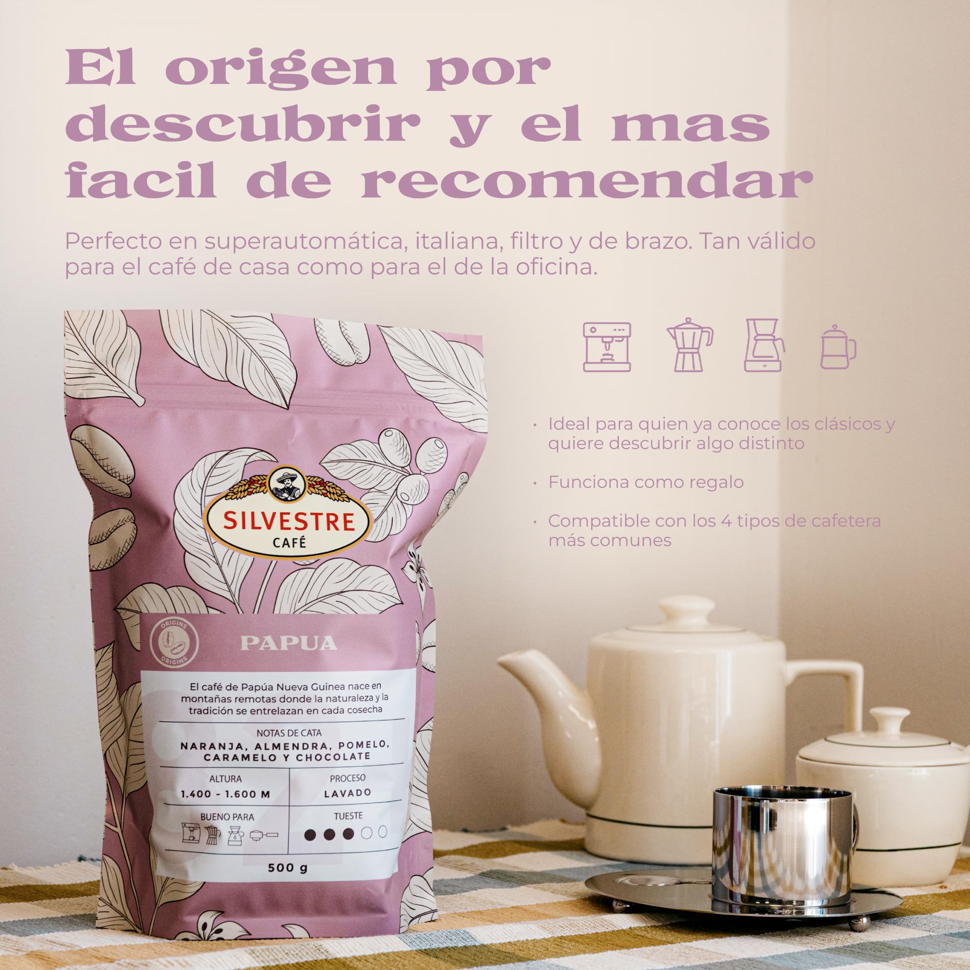 Café Silvestre Pack Café en Grano Papúa Nueva Guinea 100% Arábica 1kg 2x500 g