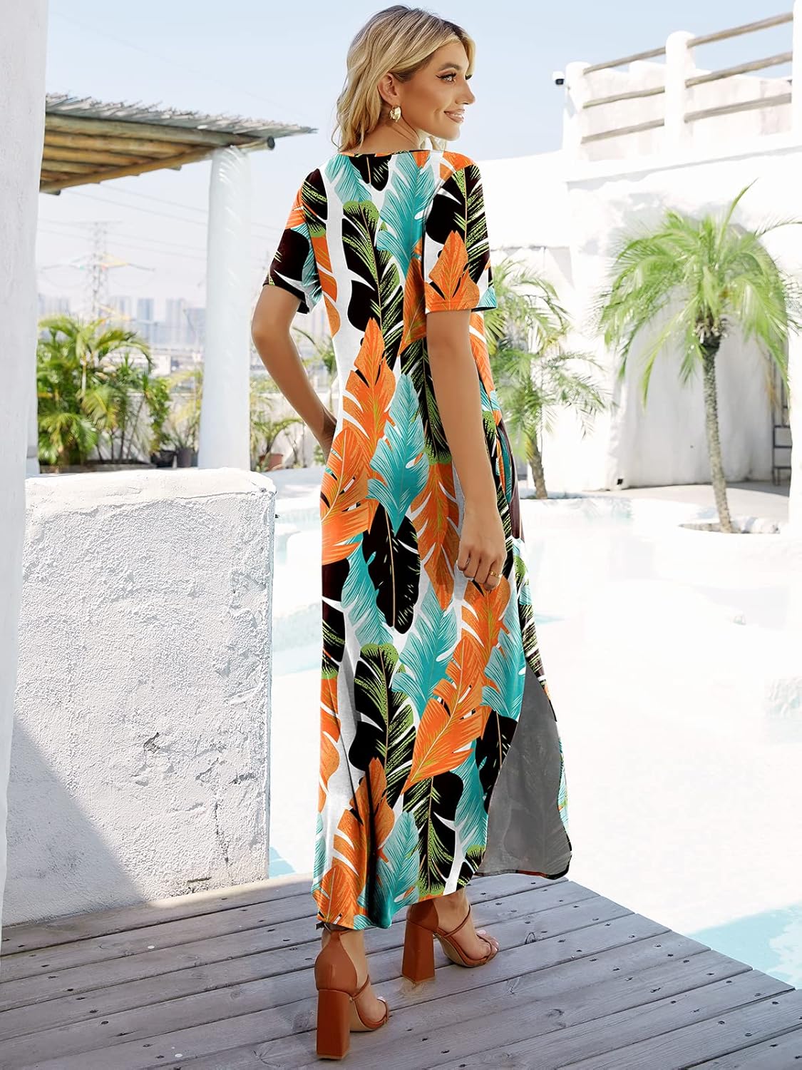 Women's Casual Loose Sundress Short Sleeve V Neck Long Dress Split Maxi Summer Beach Dress with Pockets - Image 3