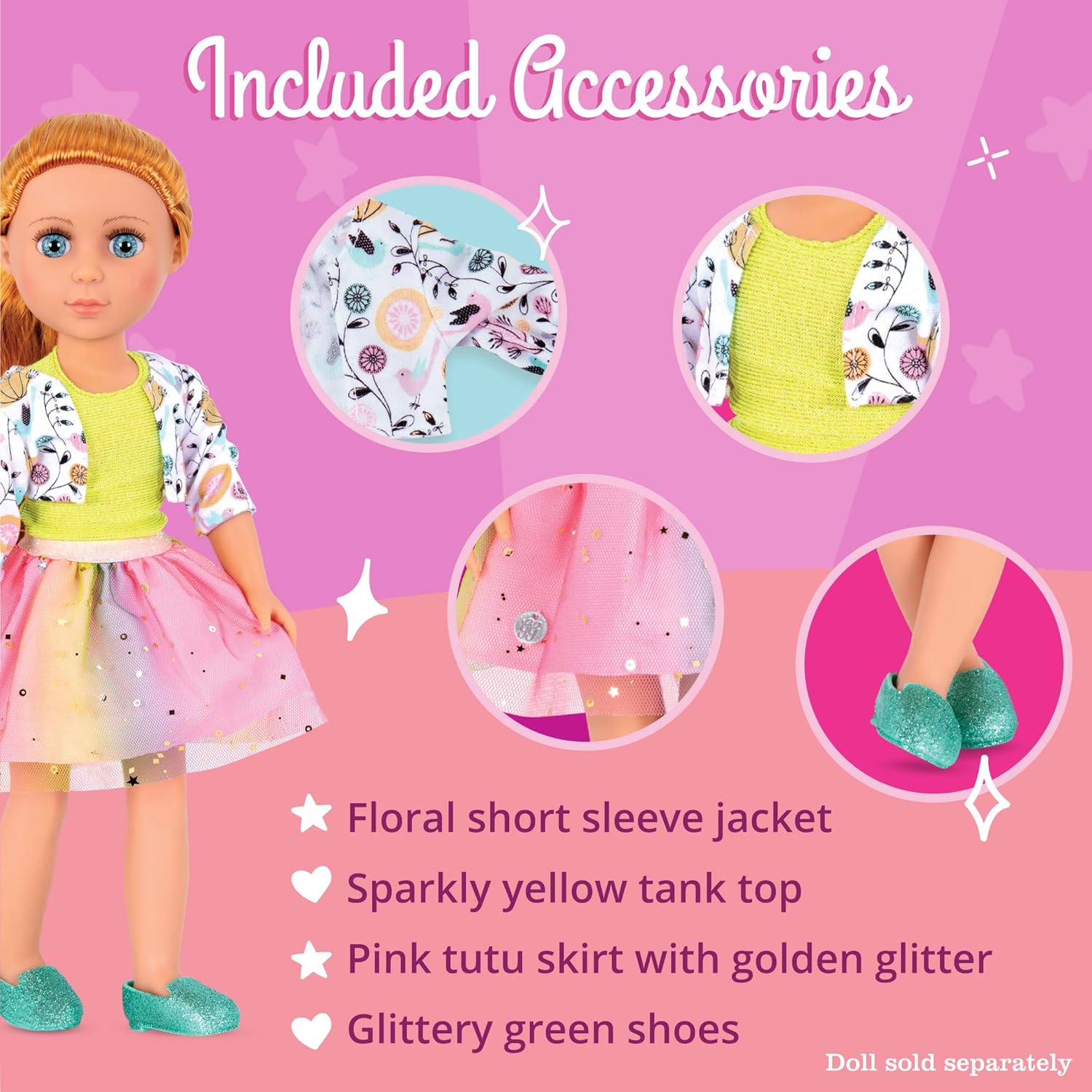 Glitter Girls – 14-Inch Doll Clothes - Shimmer Glimmer Floral Fashion Doll Clothes & Accessories – Urban Top, Flower Jacket & Tutu Skirt Outfit – for 3+ Years Year Old Girls