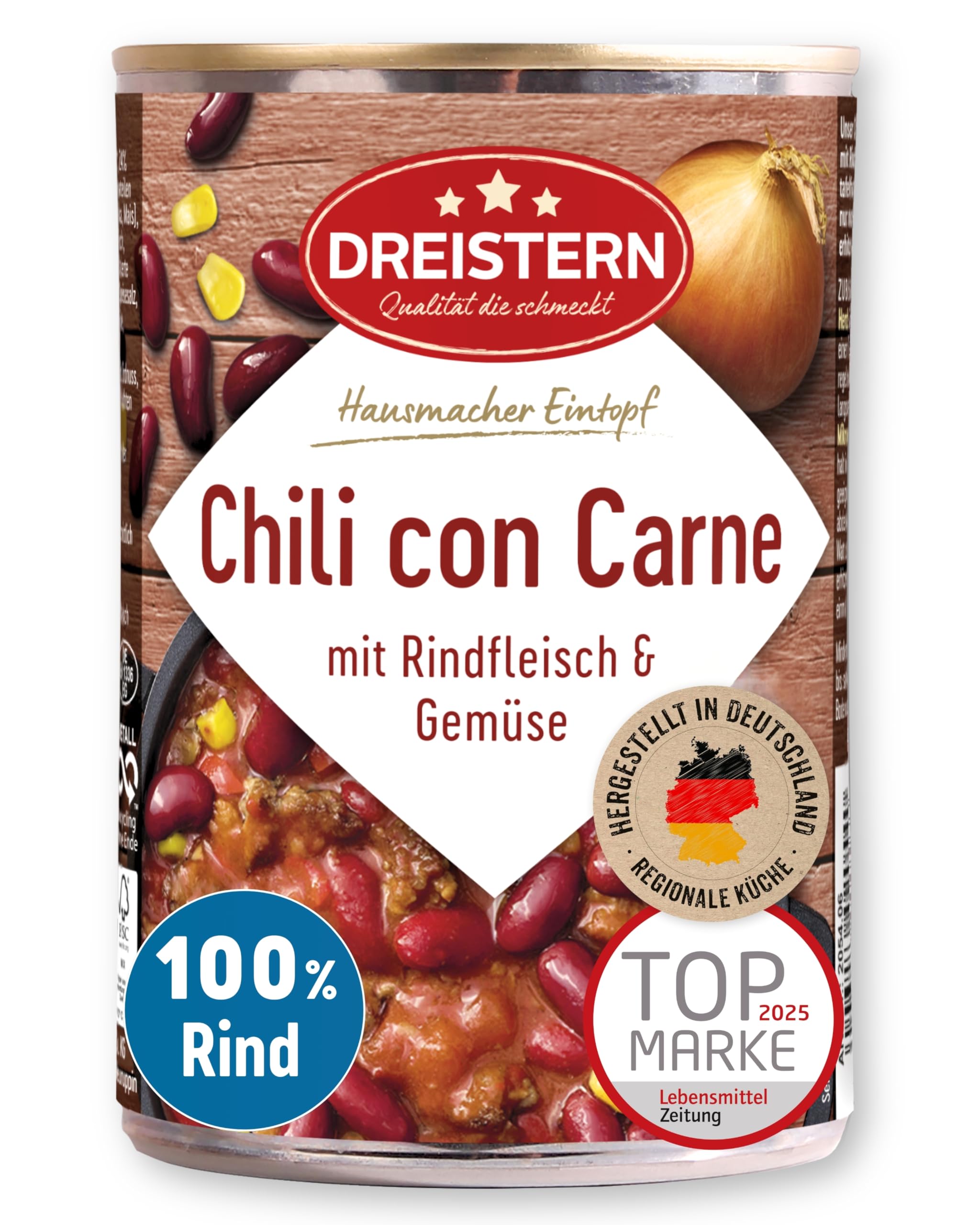 DREISTERN Chili con Carne 400g I Mit Rindfleisch & Gemüse I High-Protein-Eintopf mit hochwertigen Nährwerten I Lange Haltbarkeit & ohne zugesetzte Konservierungsstoffe I Hausmacher Qualität