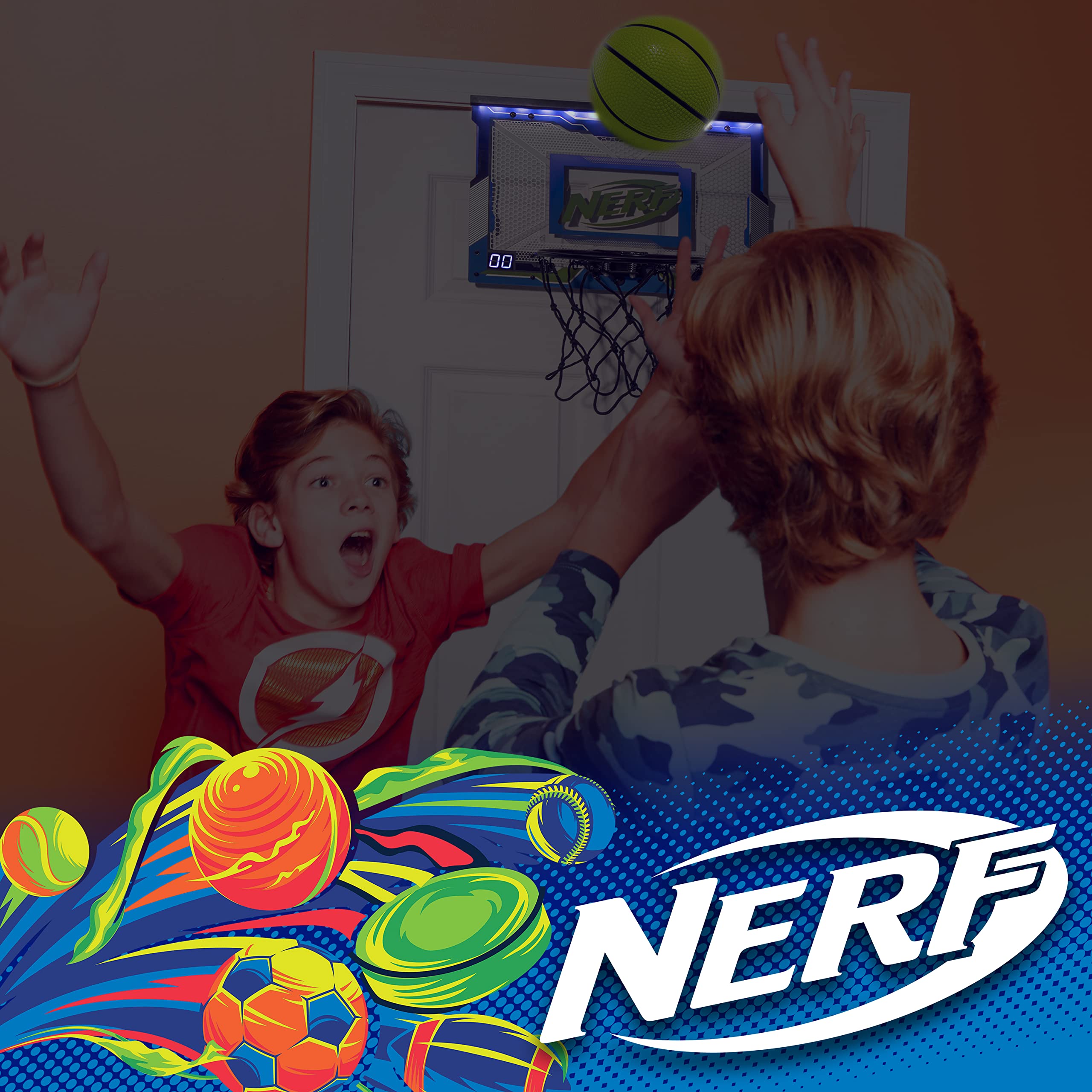 NERF Pro Hoop Set de Baloncesto con minicanasta LED de Puerta y minibalón, para Mates, Canasta de Baloncesto Infantil iluminada, para Dormitorio e Interiores, electrónica