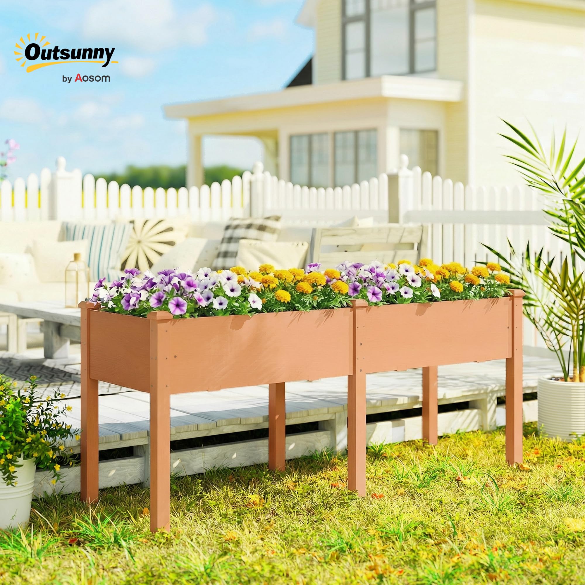 Outsunny Huerto Urbano Elevado de Madera, Mesa de Cultivo con Patas, 6 Orificios de Drenaje, para Cultivo, Plantas, Flores y Verduras, 184x59x76,5 cm, Marrón