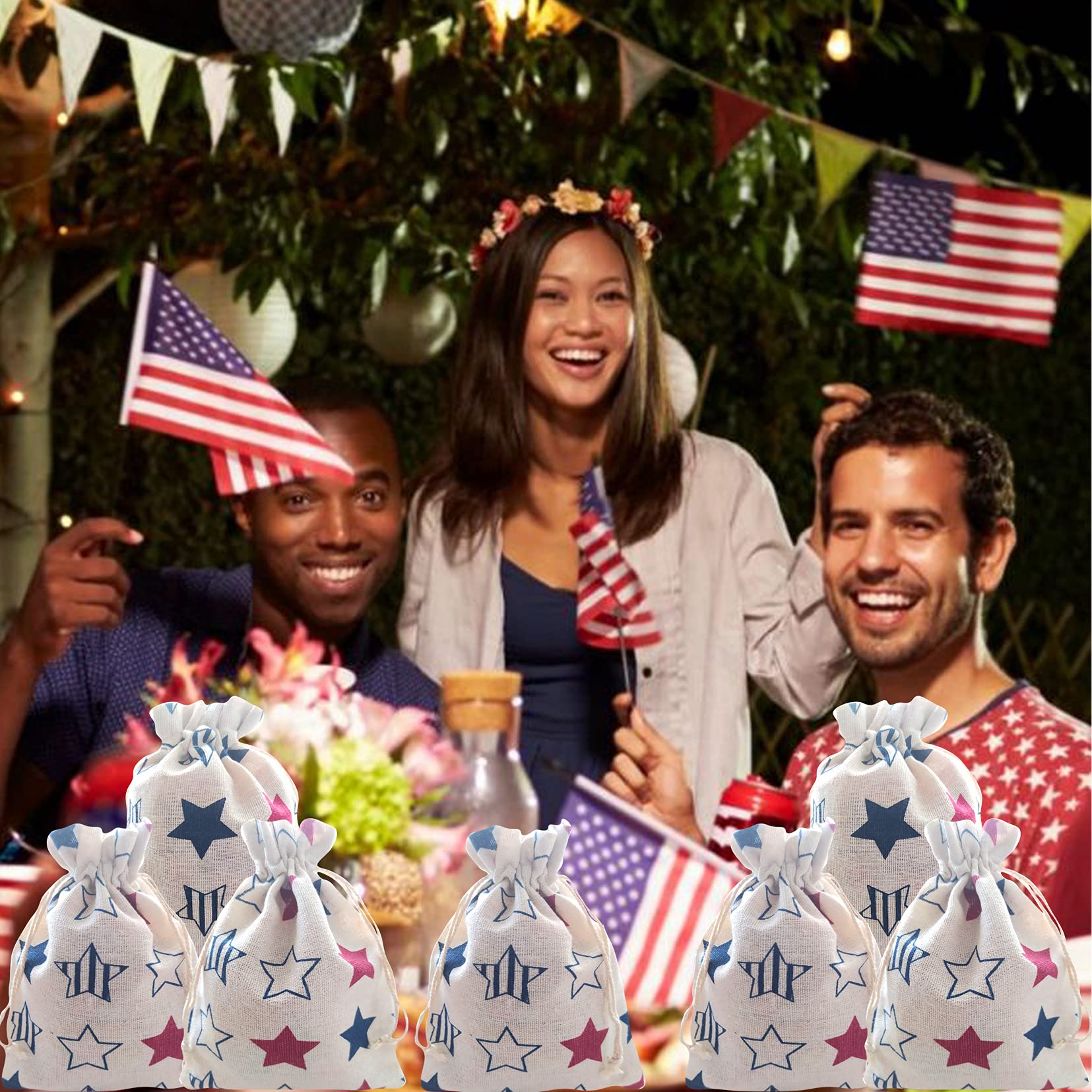 American Flag Patriotic Star Gift Treat Bags Drawstring Gift Bags for 4th of July, Independence Day, Labor Day Party Decorations