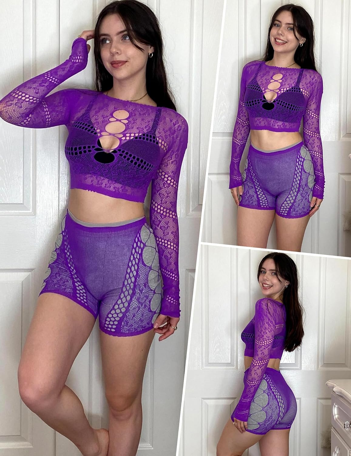 Avidlove Fishnet Lingerie Sets for Women Sexy Two Piece Rave Outfits Mesh Bodysuit Clubwear - Image 6