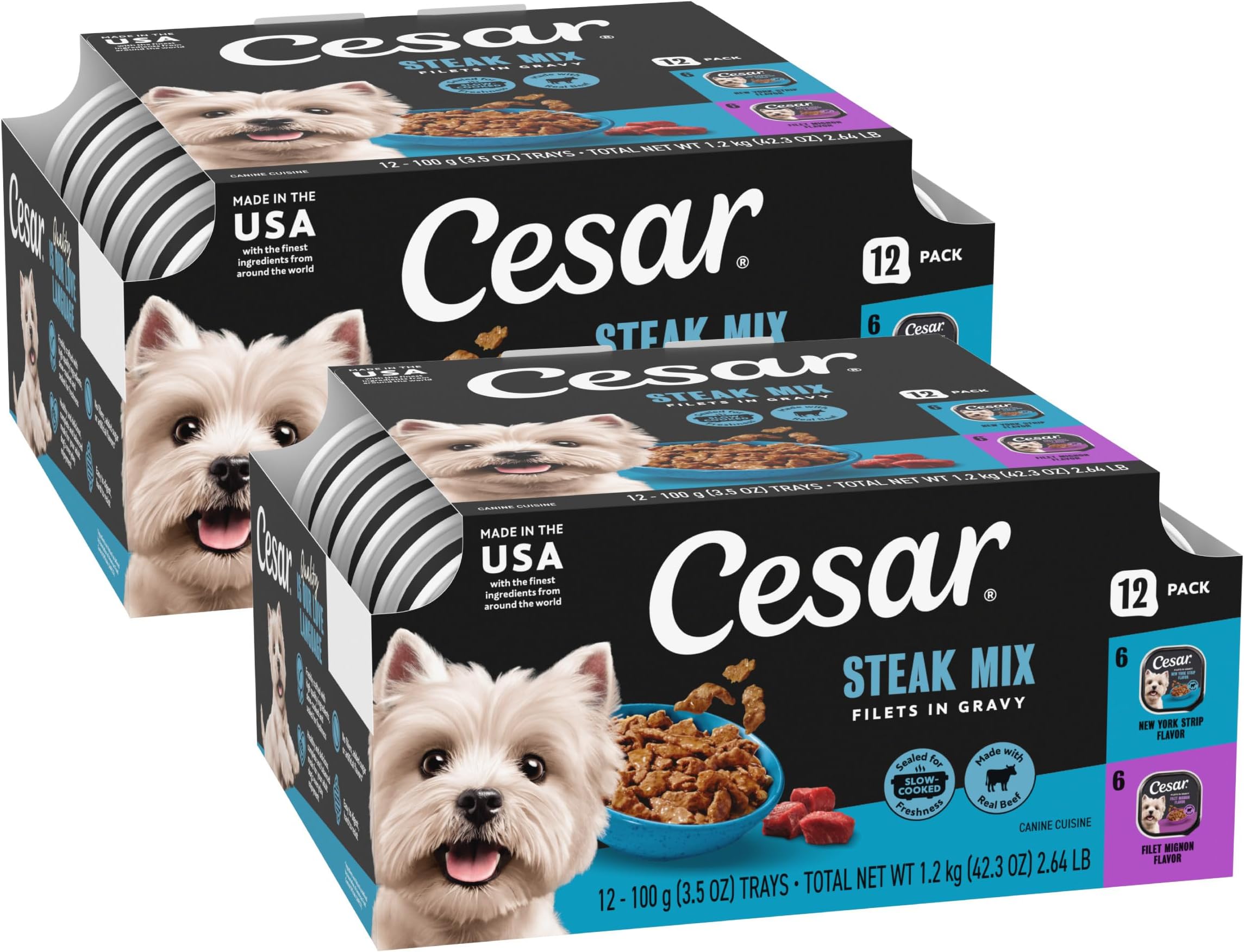 Filets in Gravy Adult Wet Dog Food Variety Pack, Filet Mignon and New York Strip Flavors, 3.5 oz. Easy Peel Dog Food Tray, 12 Count (Pack of 1)
