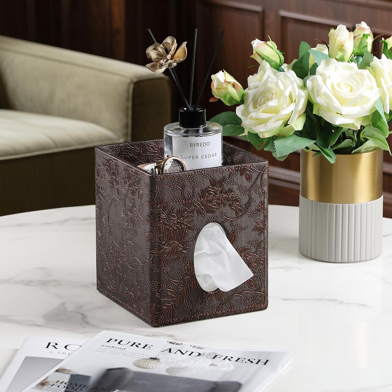 Square Tissue Box Cover, Stylish Leather Tissue Box Holder with Storage Tray, Decorative Tissue Rack Storage Box for Living Room, Bedroom, and Office Desk(Brown Grape Pattern)